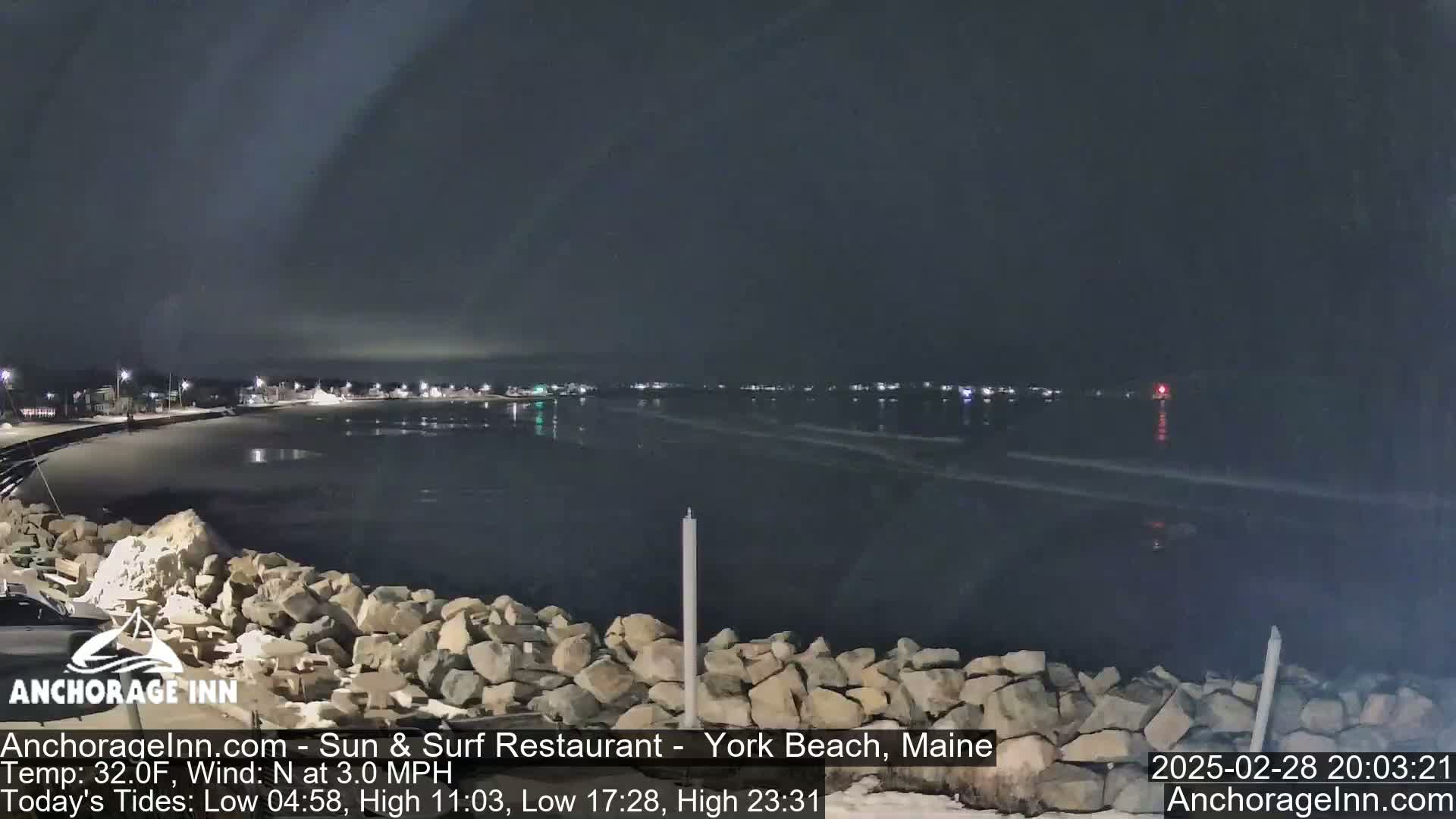 A nighttime view of a dark, calm ocean with a rocky shoreline and faintly lit buildings in the distance under a cloudy sky.