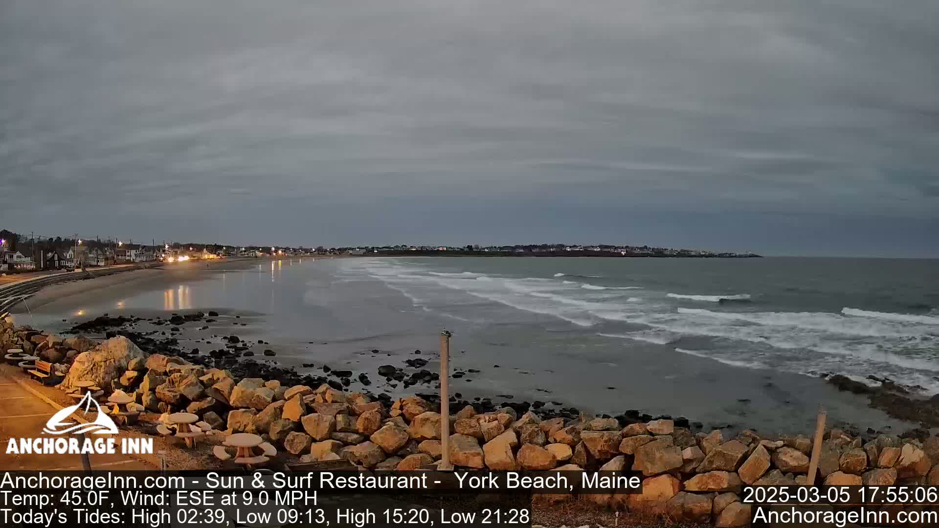 A mostly cloudy evening scene shows a rocky shoreline with a calm ocean and a distant town faintly lit at night.