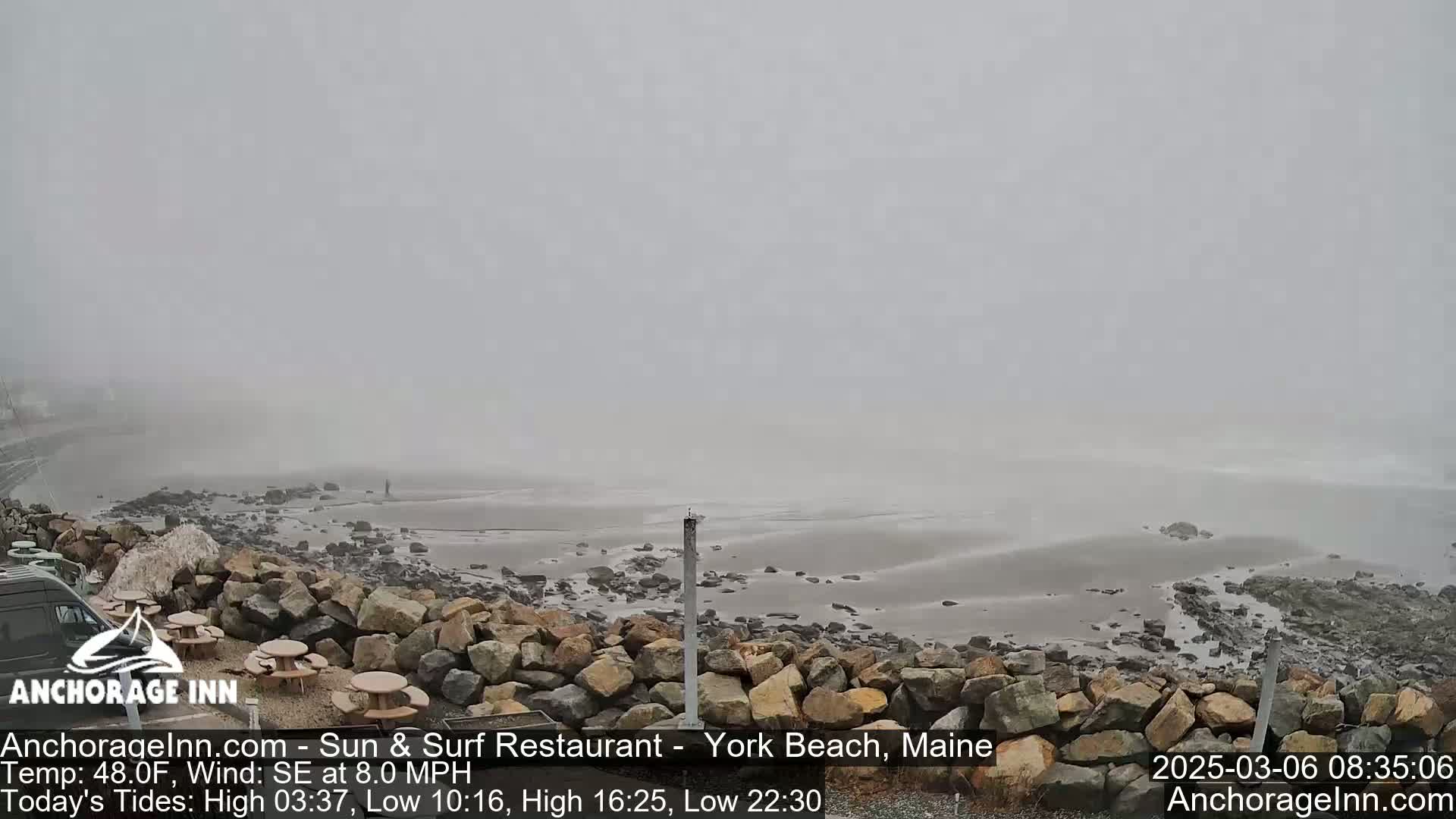 A foggy beach scene shows a rocky shoreline and calm, shallow water under an overcast sky.