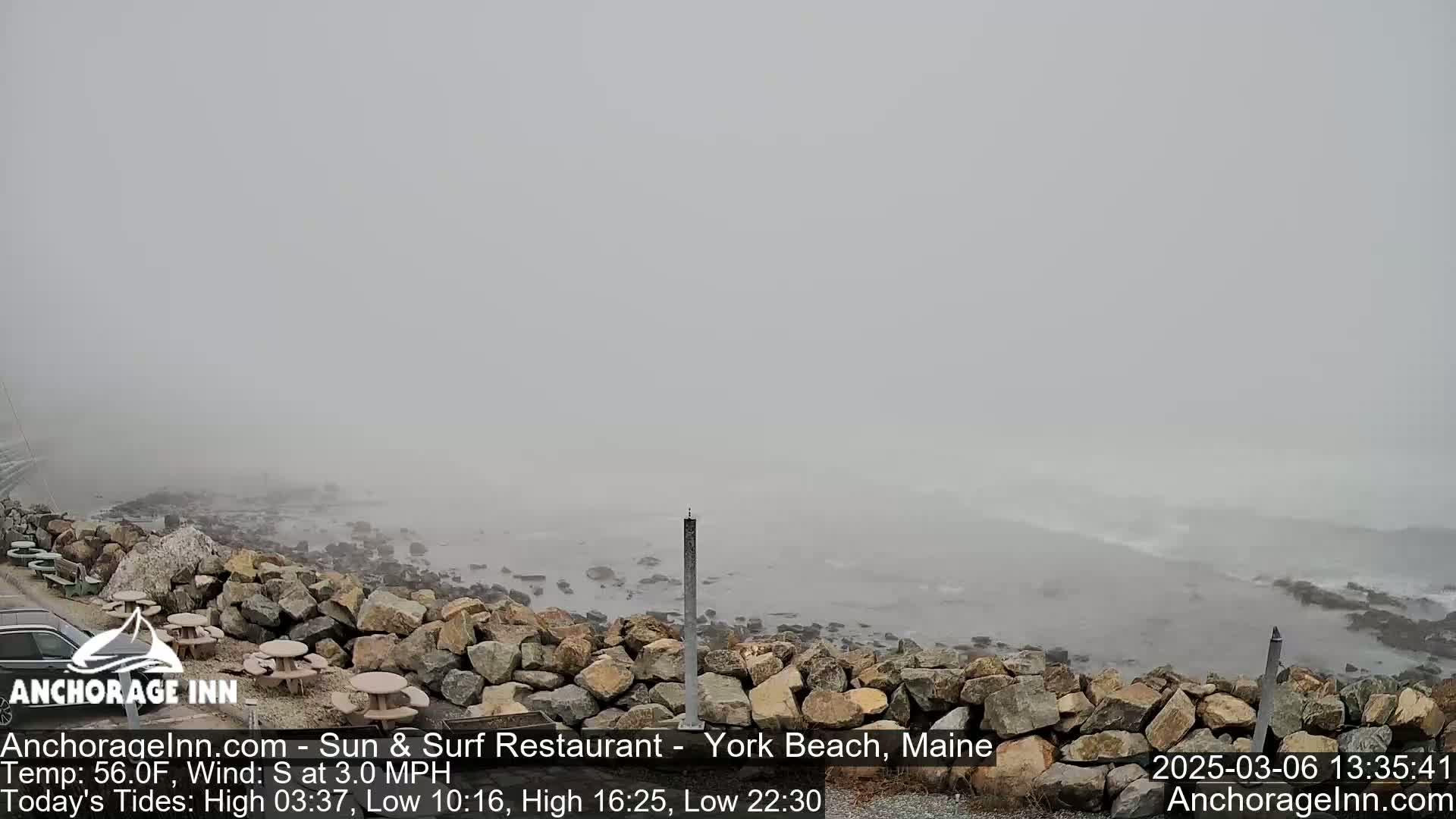 A foggy coastal scene shows a rocky shoreline with a small parking area and picnic tables, overlooking a gray, choppy ocean.