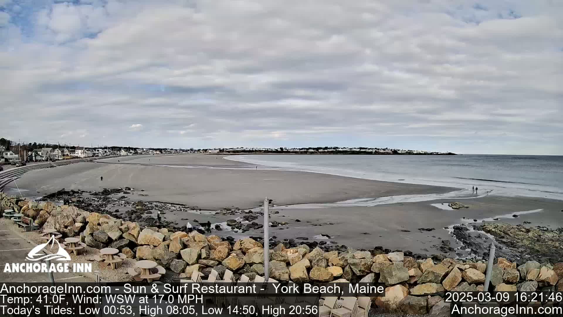 A mostly cloudy day reveals a wide sandy beach with a calm ocean, a rocky shoreline, and a few people walking in the distance.