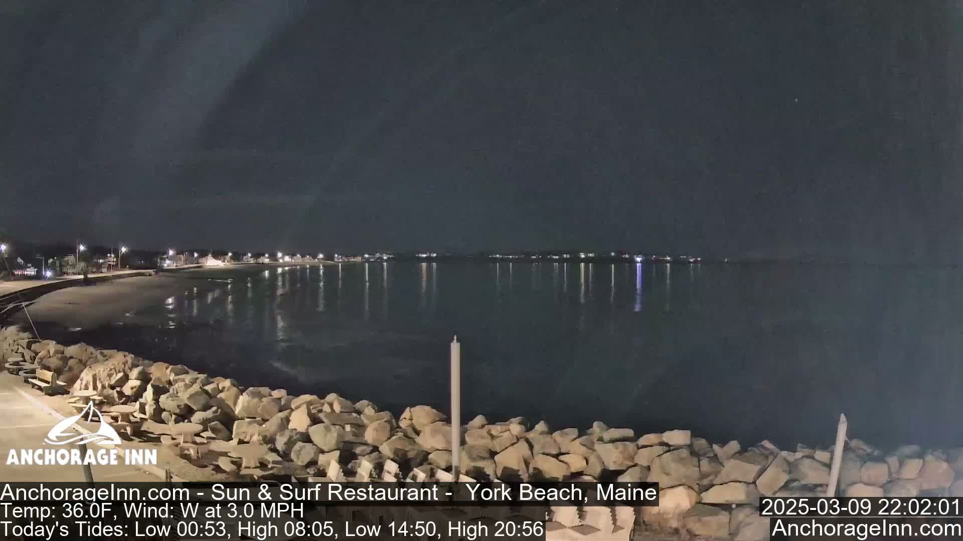 A nighttime view of a calm body of water reflecting lights from a shoreline, with a rocky embankment in the foreground under a dark sky.