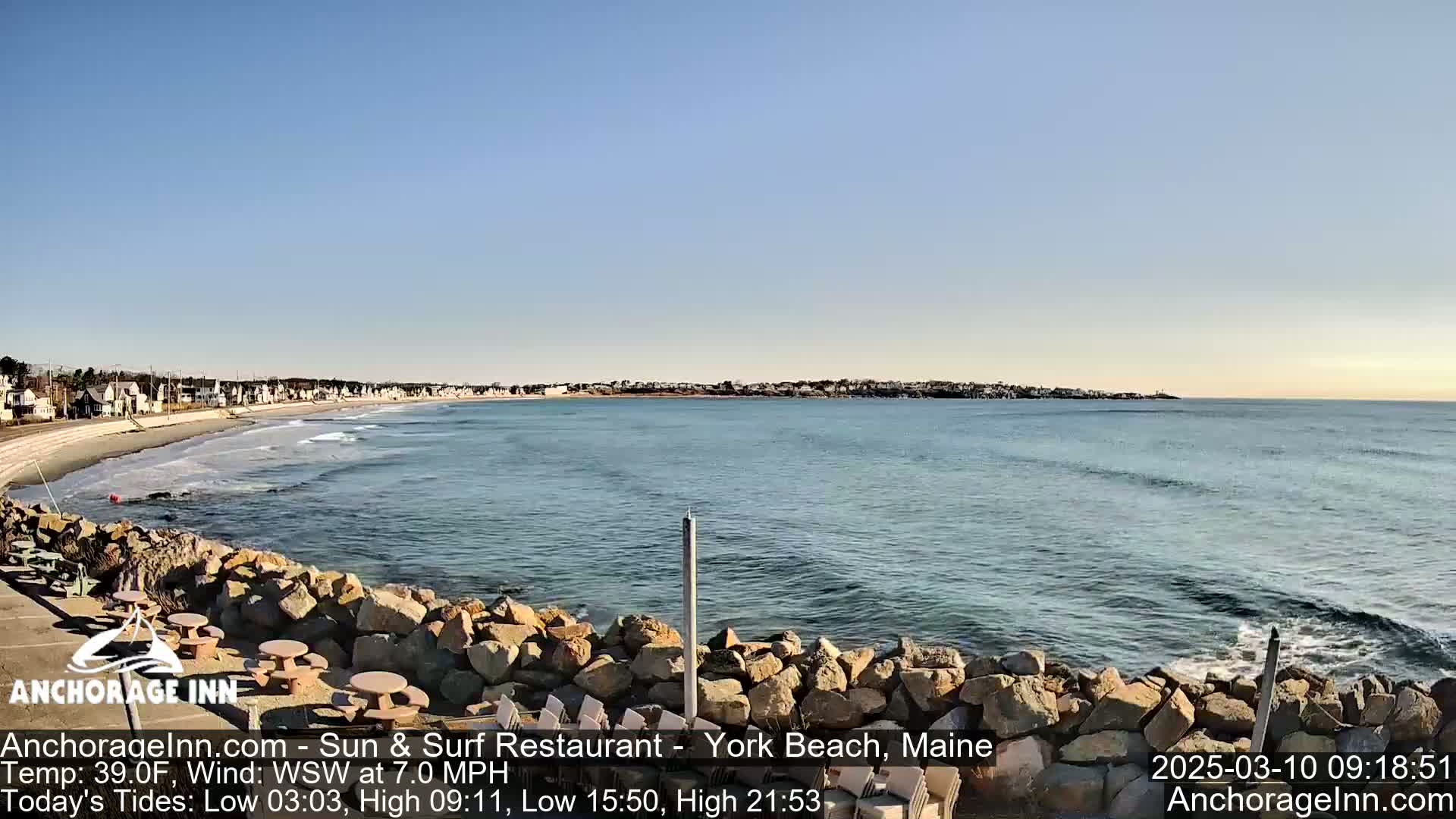 A rocky shoreline with picnic tables overlooks a calm ocean with small waves under a clear blue sky.