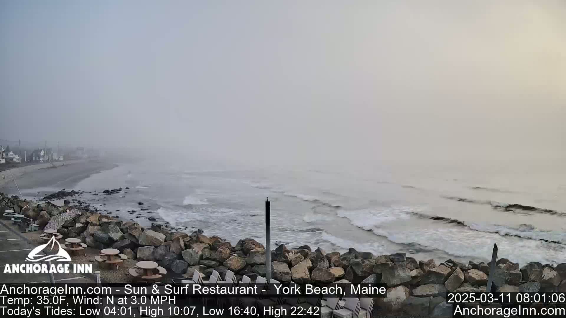 A foggy beach scene shows a rocky shoreline with small waves lapping against it, buildings faintly visible in the distance.