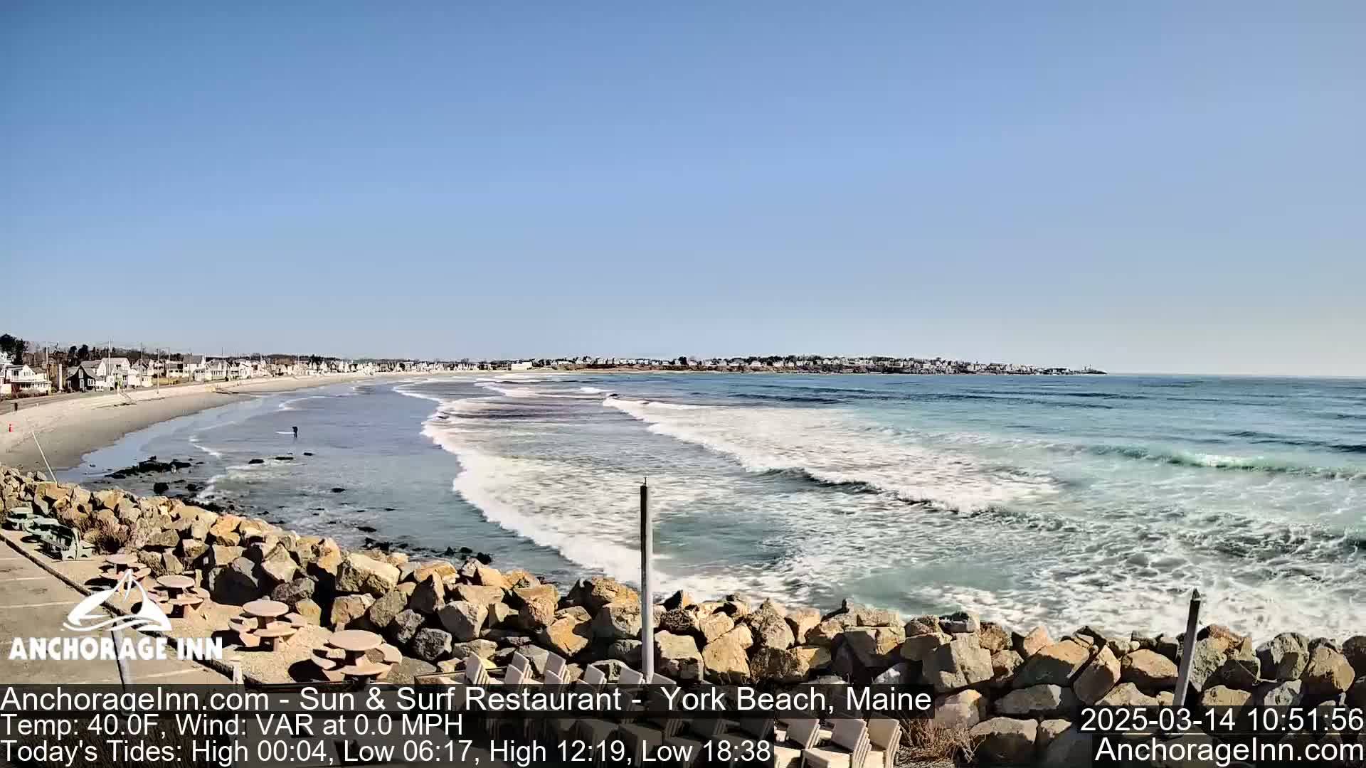A rocky shoreline overlooks a calm ocean with small waves gently lapping the sandy beach under a clear, sunny sky.