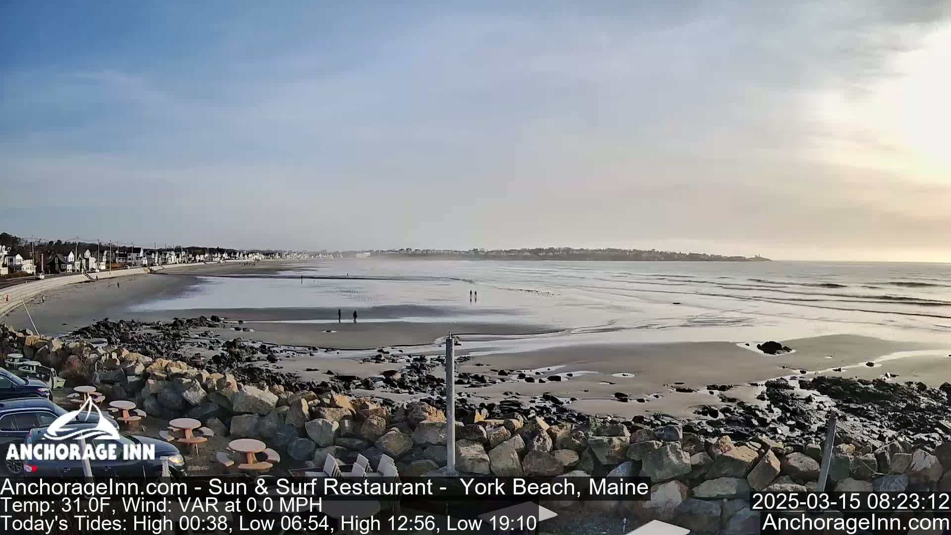 A mostly sunny day reveals a wide sandy beach with gentle waves, a rocky shoreline in the foreground, and a town visible in the distance.