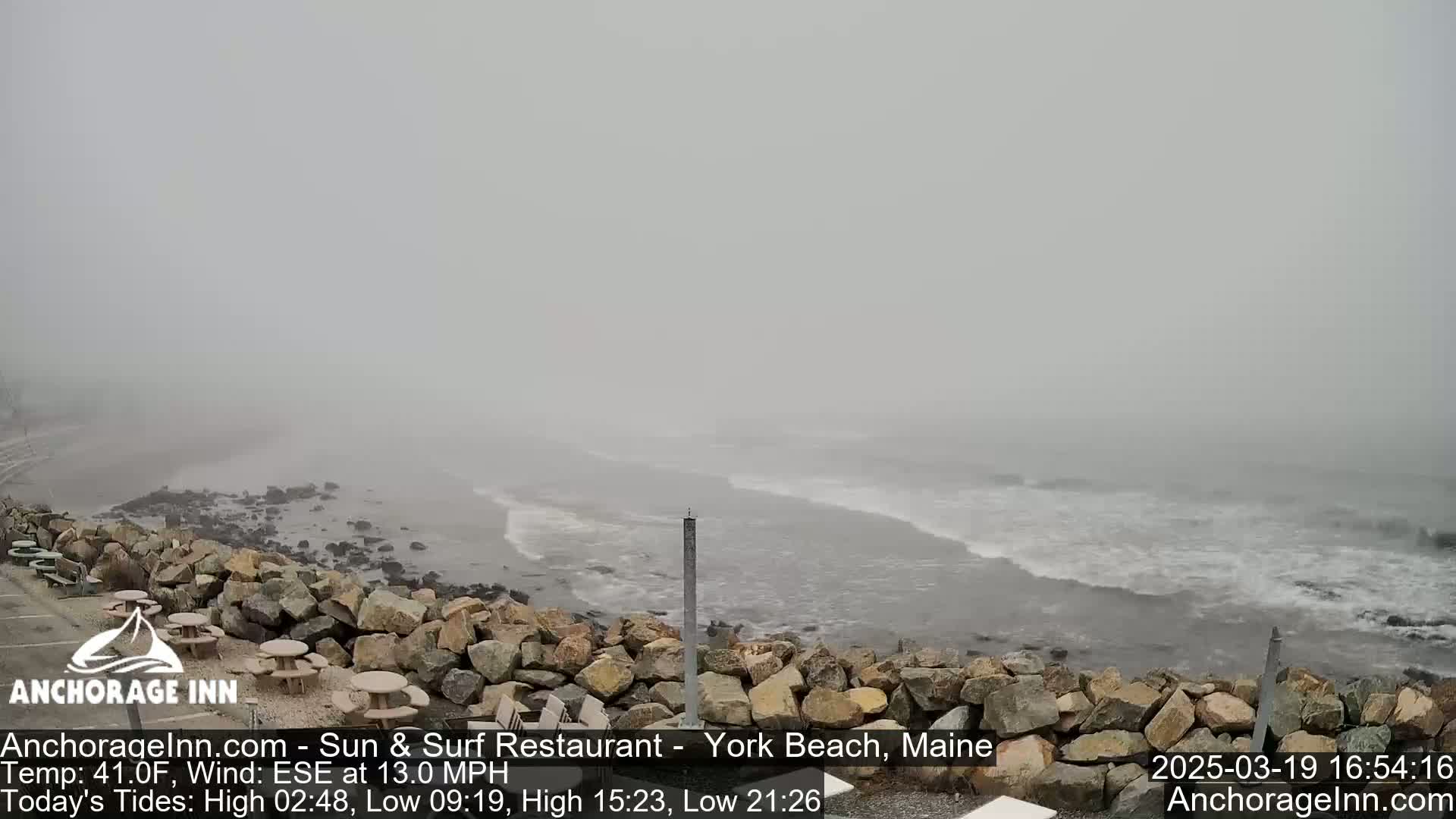 A foggy coastal scene shows a rocky shoreline with picnic tables and a wavy ocean.