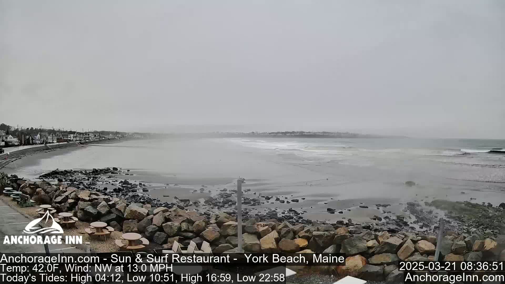 A rocky shoreline with a grey, overcast sky shows a calm ocean with small waves breaking on a sandy beach, and a town visible in the distance.