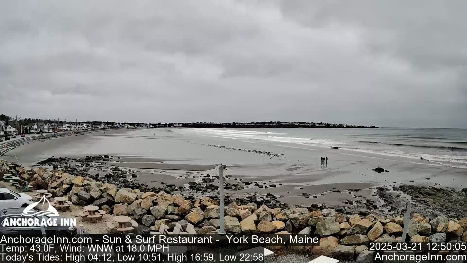 A wide, sandy beach stretches out to a gray, overcast ocean with gentle waves, under a cloudy sky; several people are walking near the water's edge.
