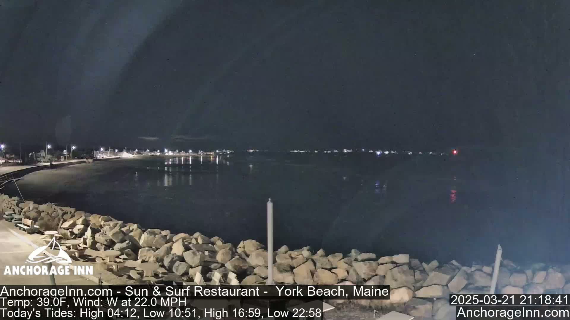 A nighttime view of a calm body of water, with a rocky shoreline and faintly lit buildings in the distance under a dark sky.