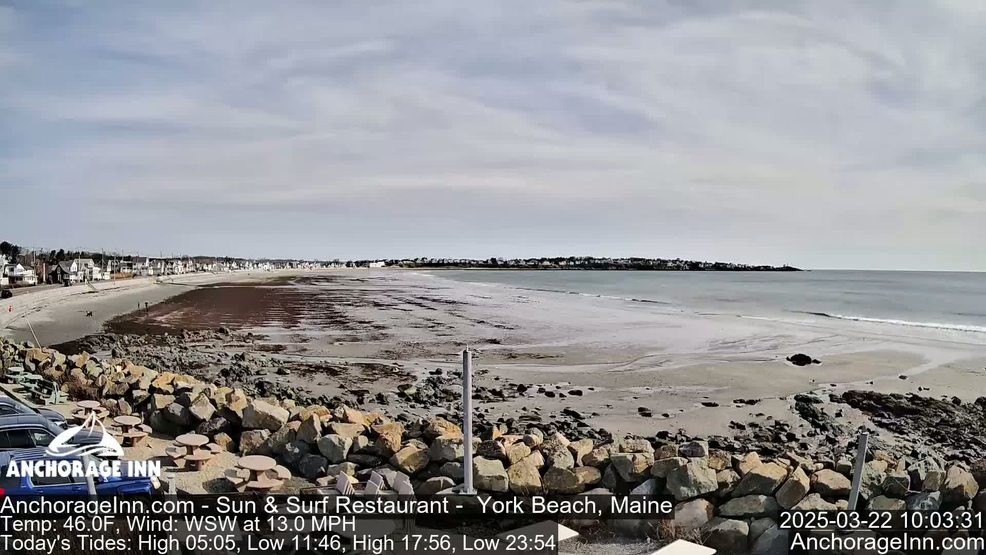 A mostly sunny day at a beach shows a wide sandy shore with a rocky breakwater in the foreground, a calm ocean, and houses visible in the distance.