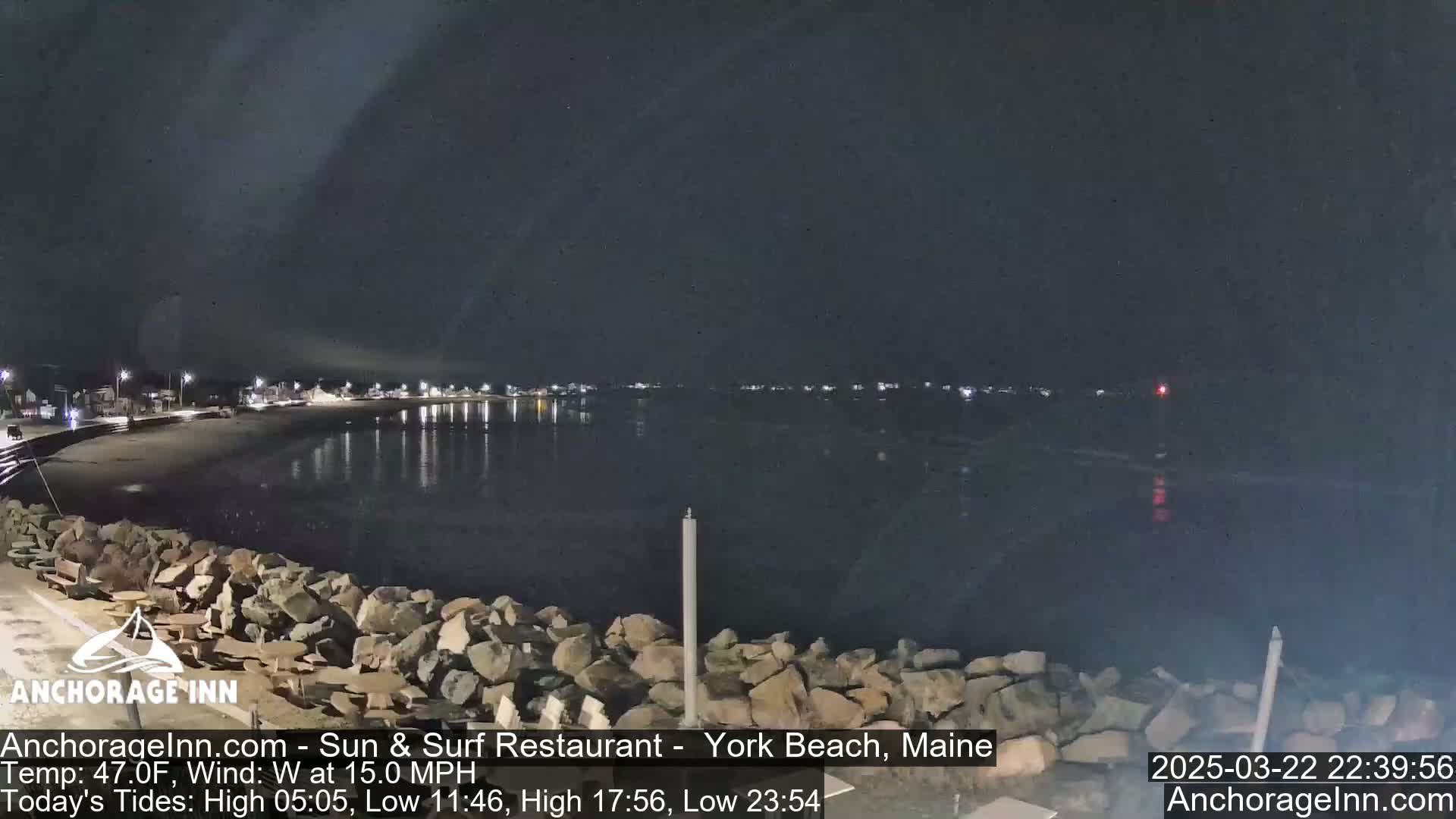 A nighttime view of a calm, dark ocean with a rocky shoreline and faintly lit buildings in the distance under a mostly clear sky.