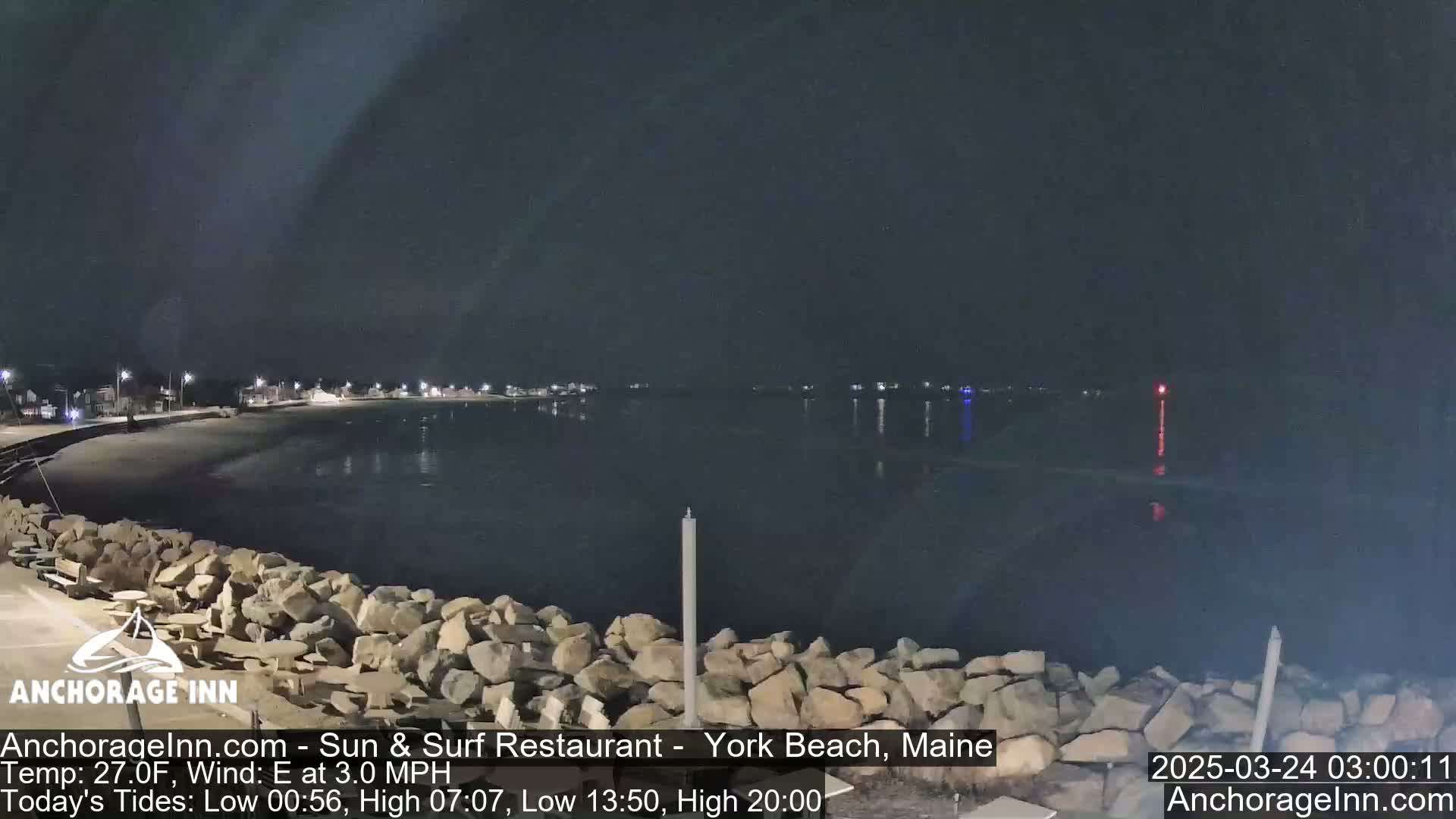 A dark nighttime view of a calm body of water, with a rocky shoreline and distant lights visible across the water.