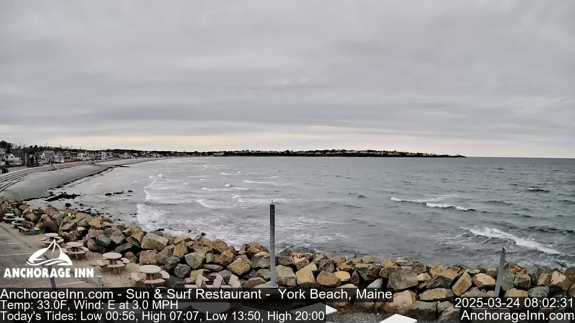 A rocky shoreline with picnic tables overlooks a calm, gray ocean under an overcast sky.