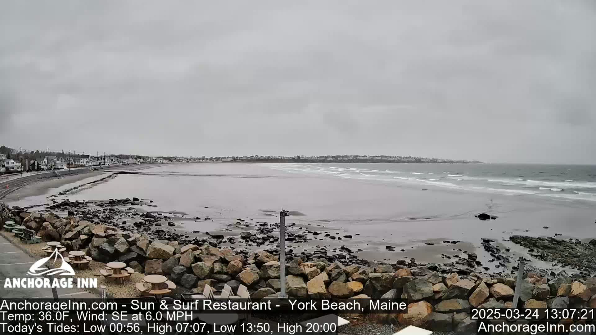 A gray, overcast day reveals a beach scene with a rocky shoreline, calm waves, and a distant town.