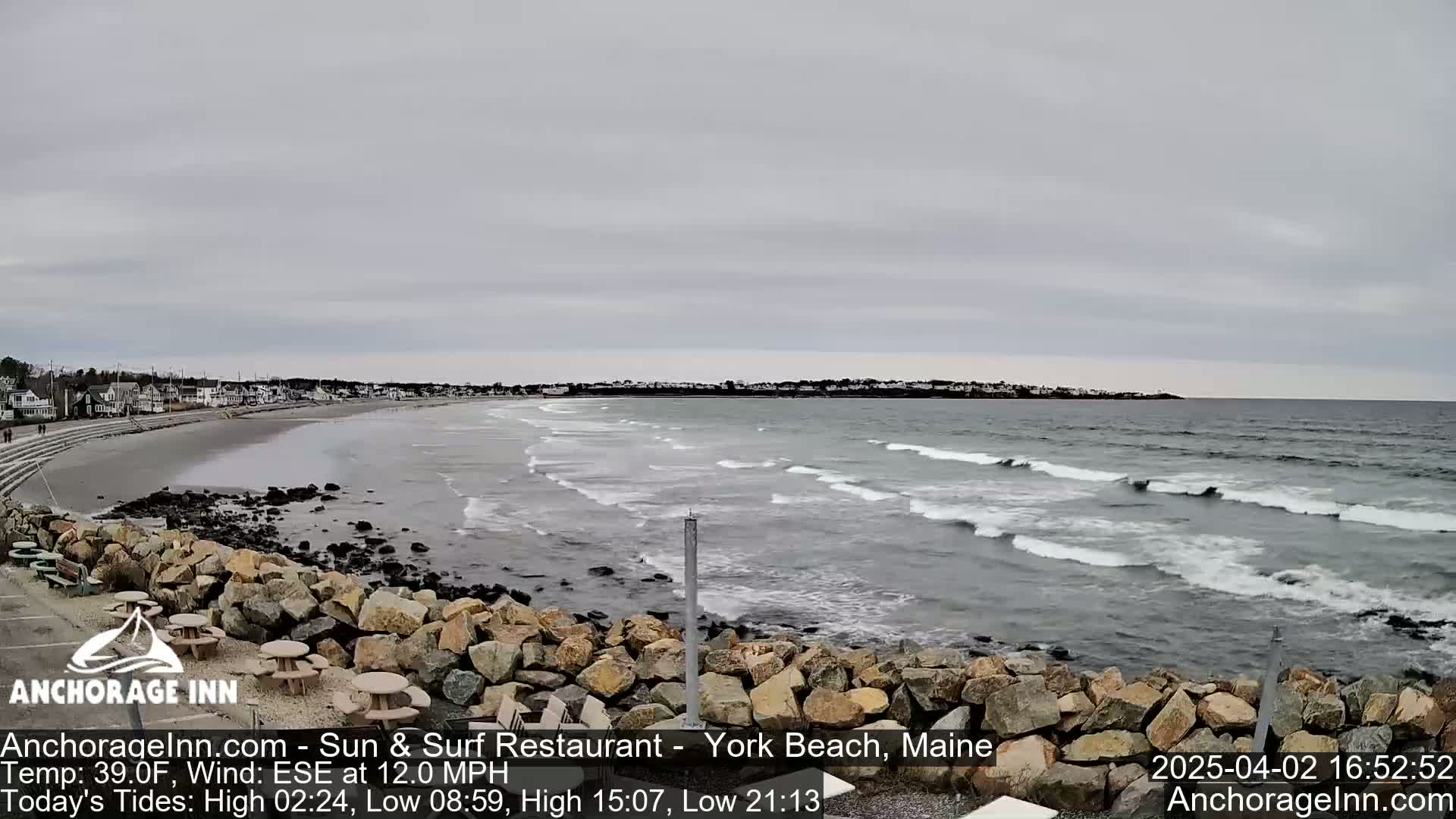 A rocky shoreline with picnic tables overlooks a sandy beach and a choppy ocean under an overcast sky.