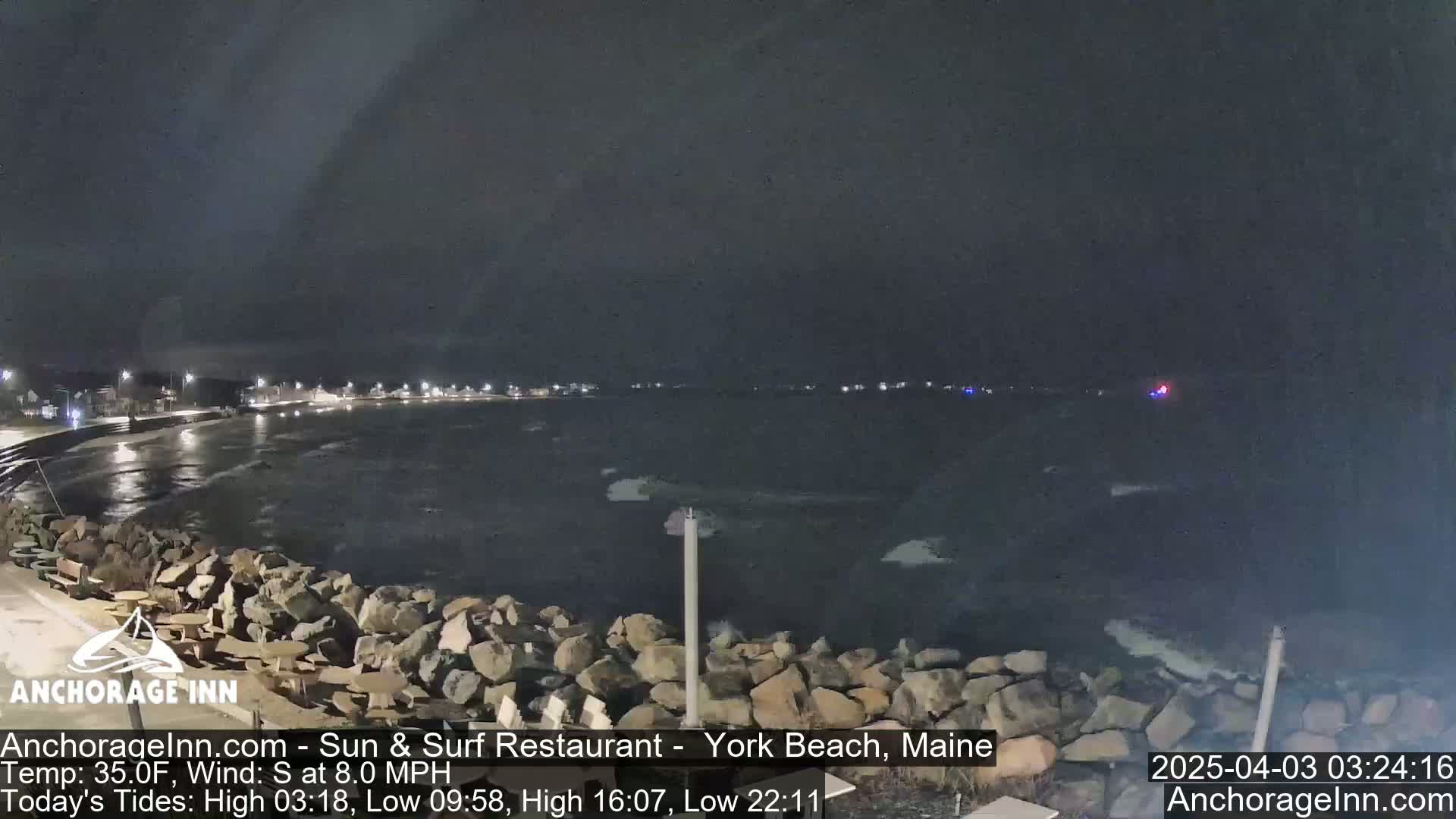 A dark, nighttime view of a rocky shoreline and choppy ocean water under a cloudy sky, with lights visible in the distance.