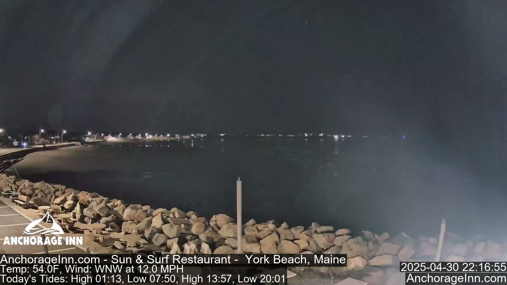 A nighttime view of a calm body of water, bordered by a rocky shoreline and a distant line of lights from a town under a dark sky.