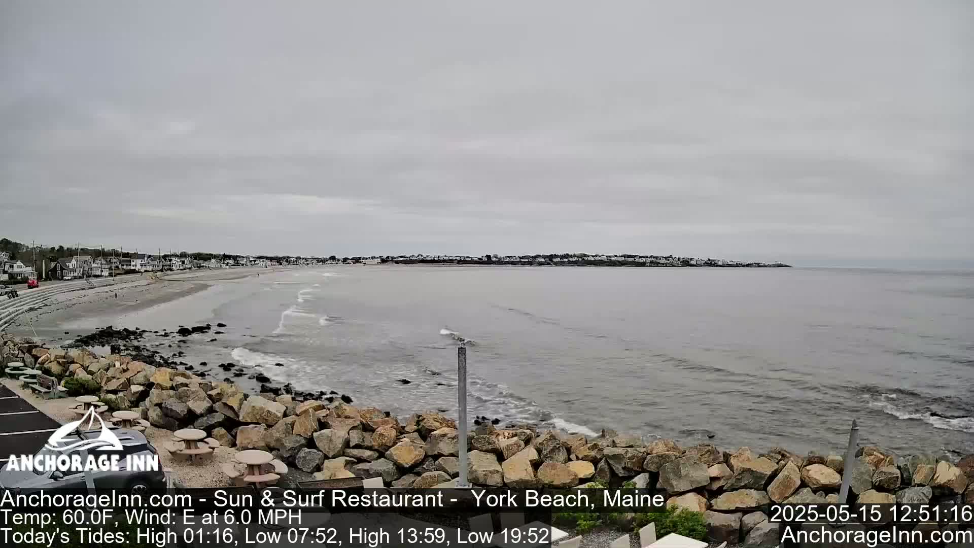 A mostly cloudy day at a beach in Maine shows calm waves lapping against a rocky shoreline, with a sandy beach and distant houses visible.