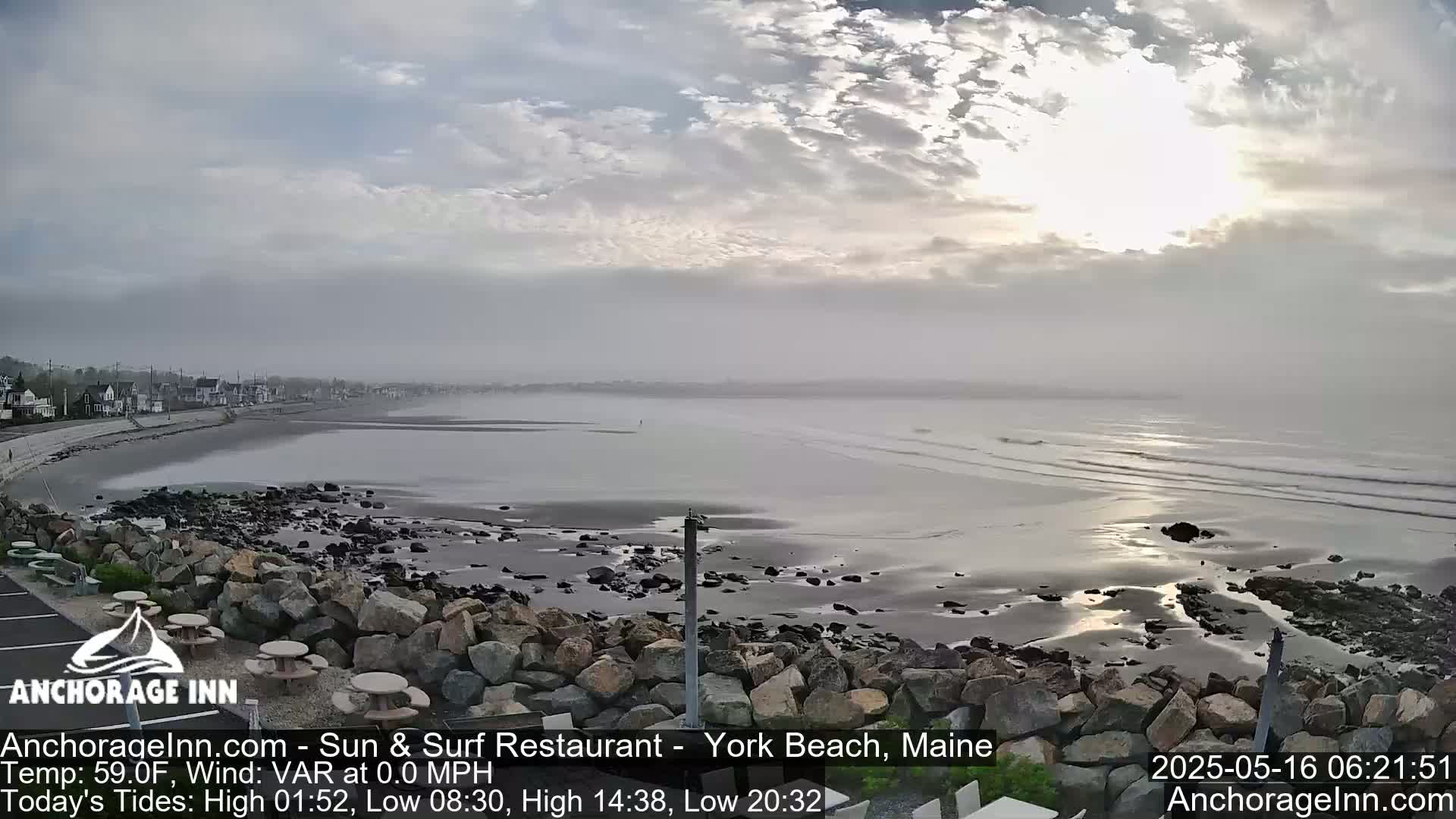 A mostly cloudy, cool day at a rocky beach with calm waves and a distant shoreline.