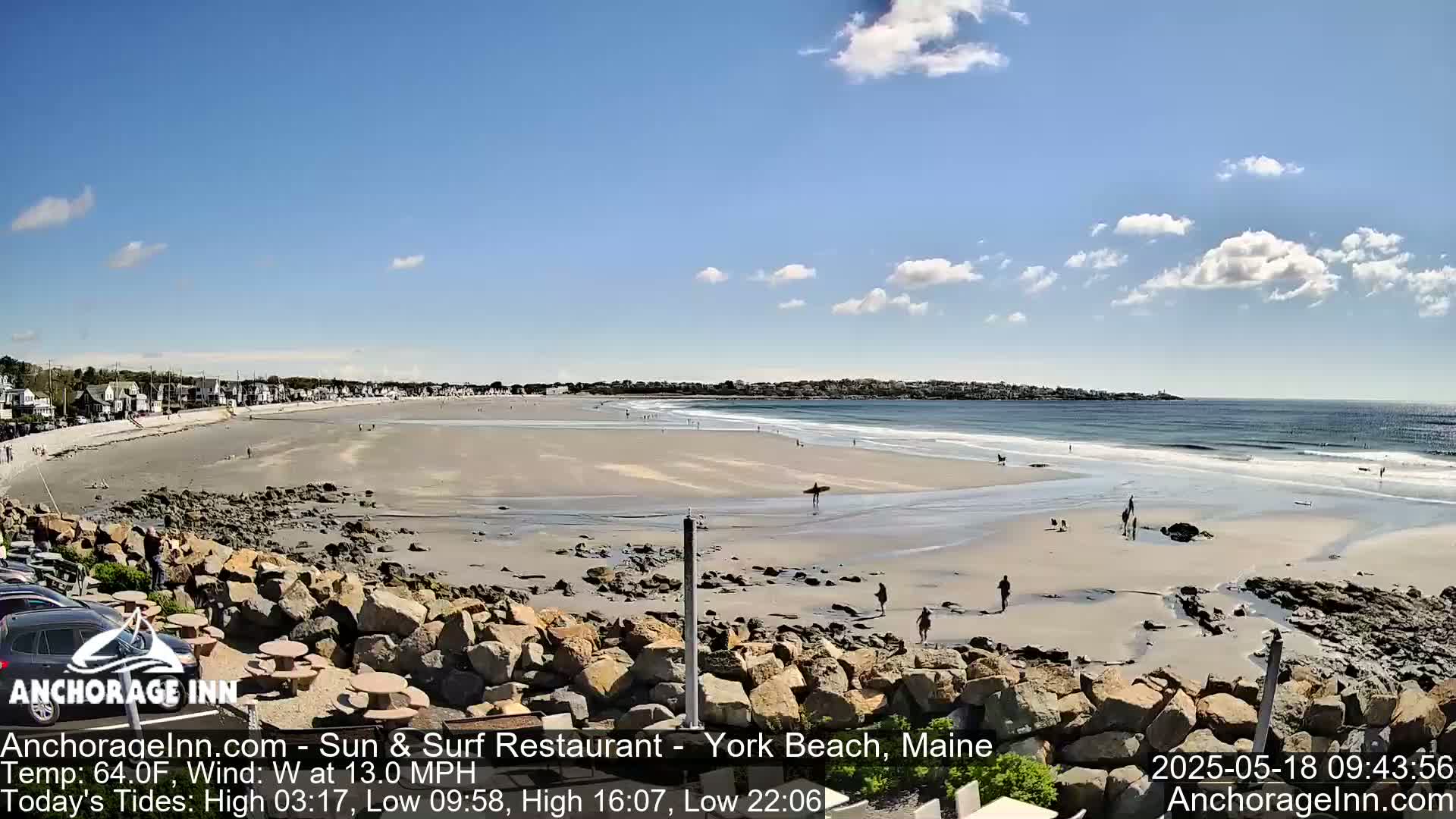 A sandy beach with people walking and a surfer in the ocean under a partly cloudy sky.