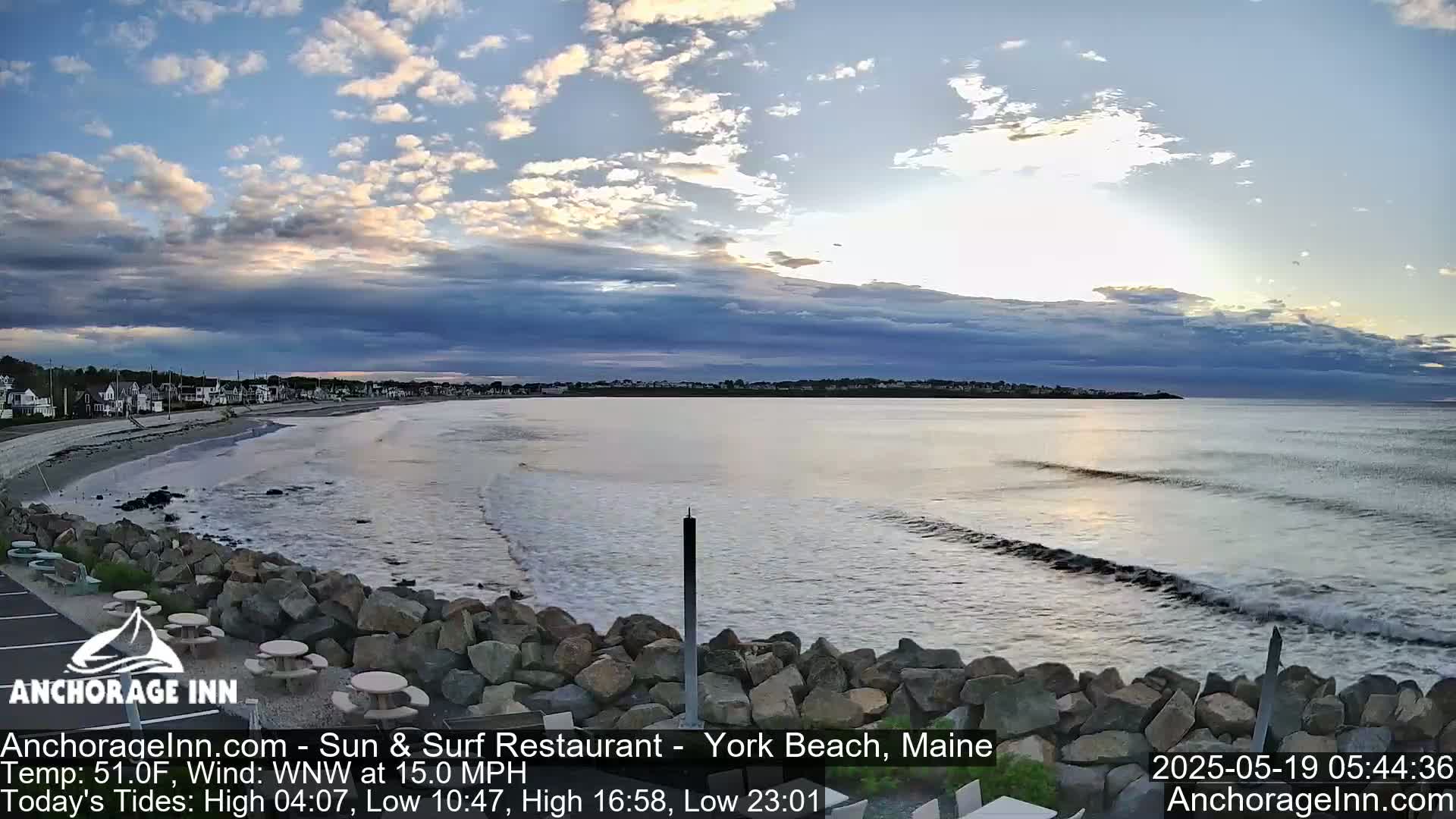 A partly cloudy, cool day at a rocky beach with gentle waves lapping the shore, overlooking a town in the distance.