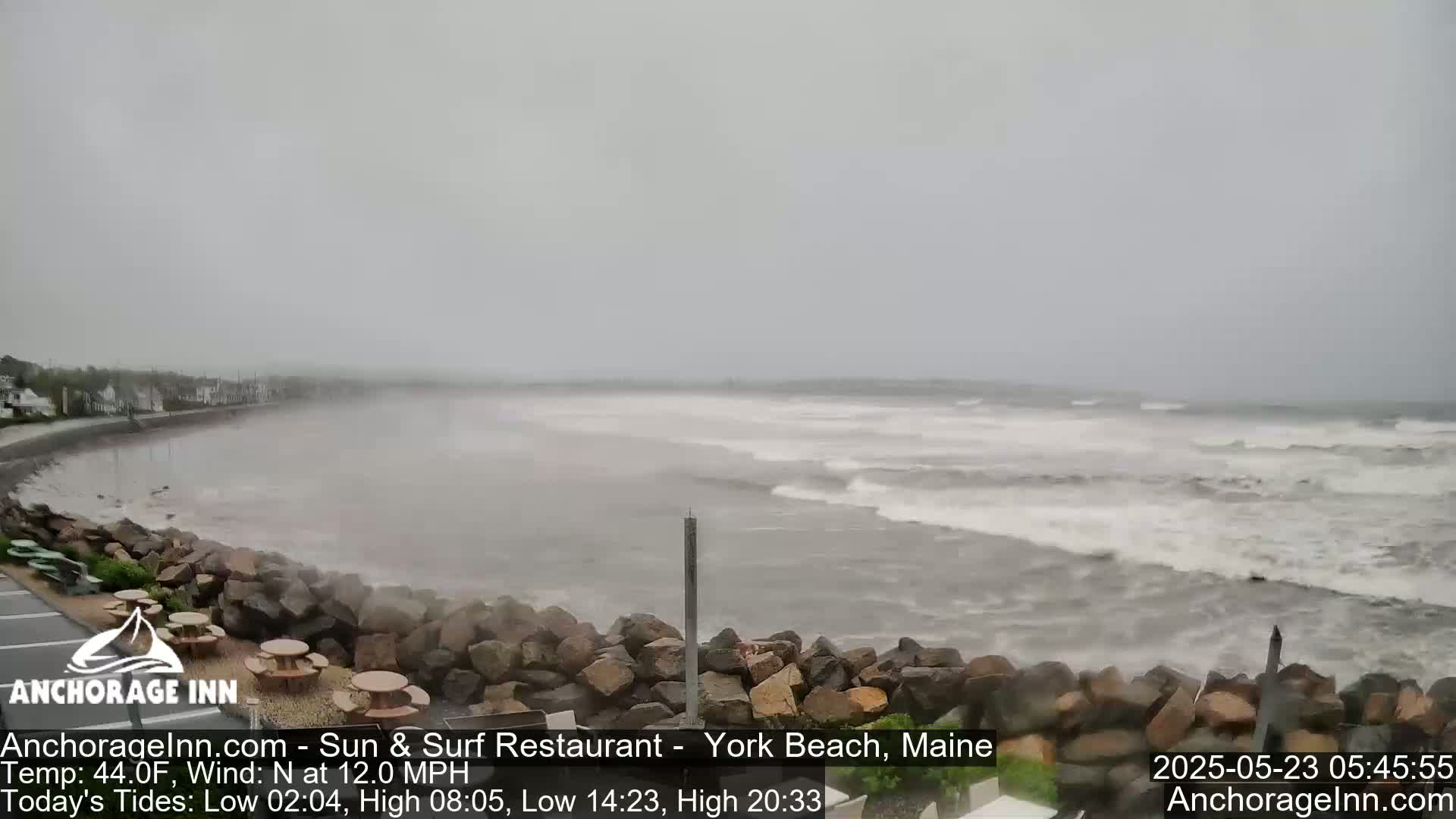A rocky shoreline with picnic tables is shown, overlooking a choppy, gray ocean under an overcast sky.