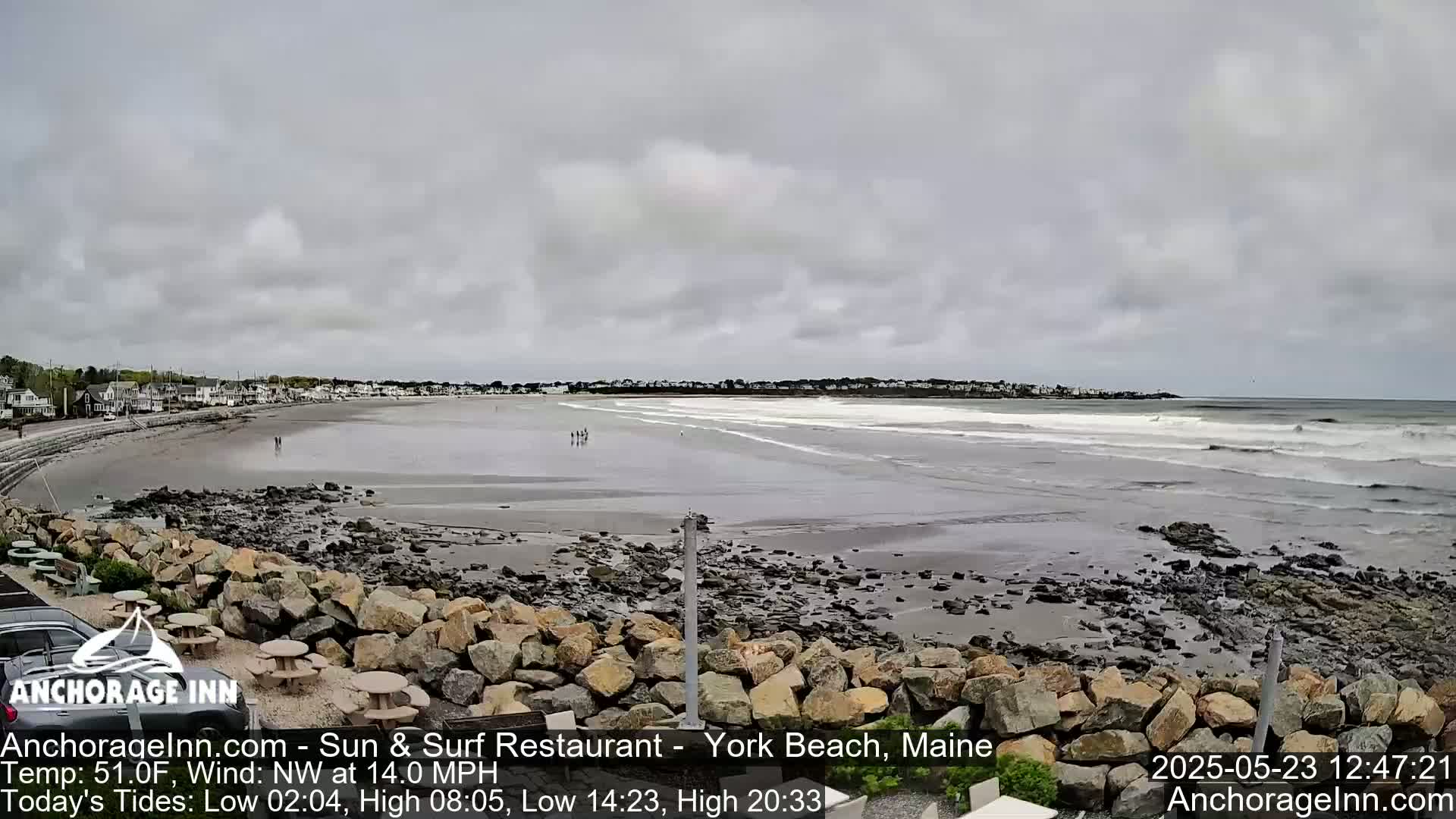 A wide shot of a beach with a rocky shoreline under a cloudy sky, showing small waves and a few people in the distance.