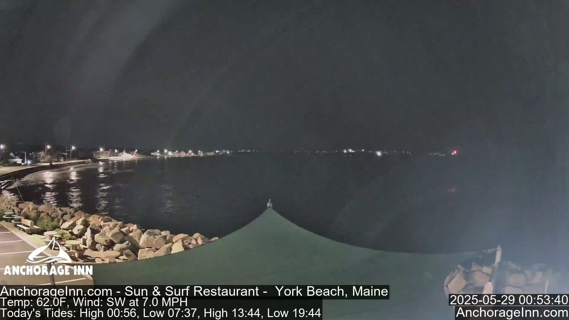 A nighttime view of a calm body of water with a shoreline featuring rocks and dim lights across the far side under a dark sky.