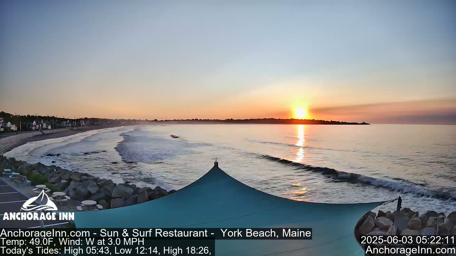 A sunrise over a calm ocean with gentle waves lapping a rocky shore, viewed from a beach with buildings in the distance.