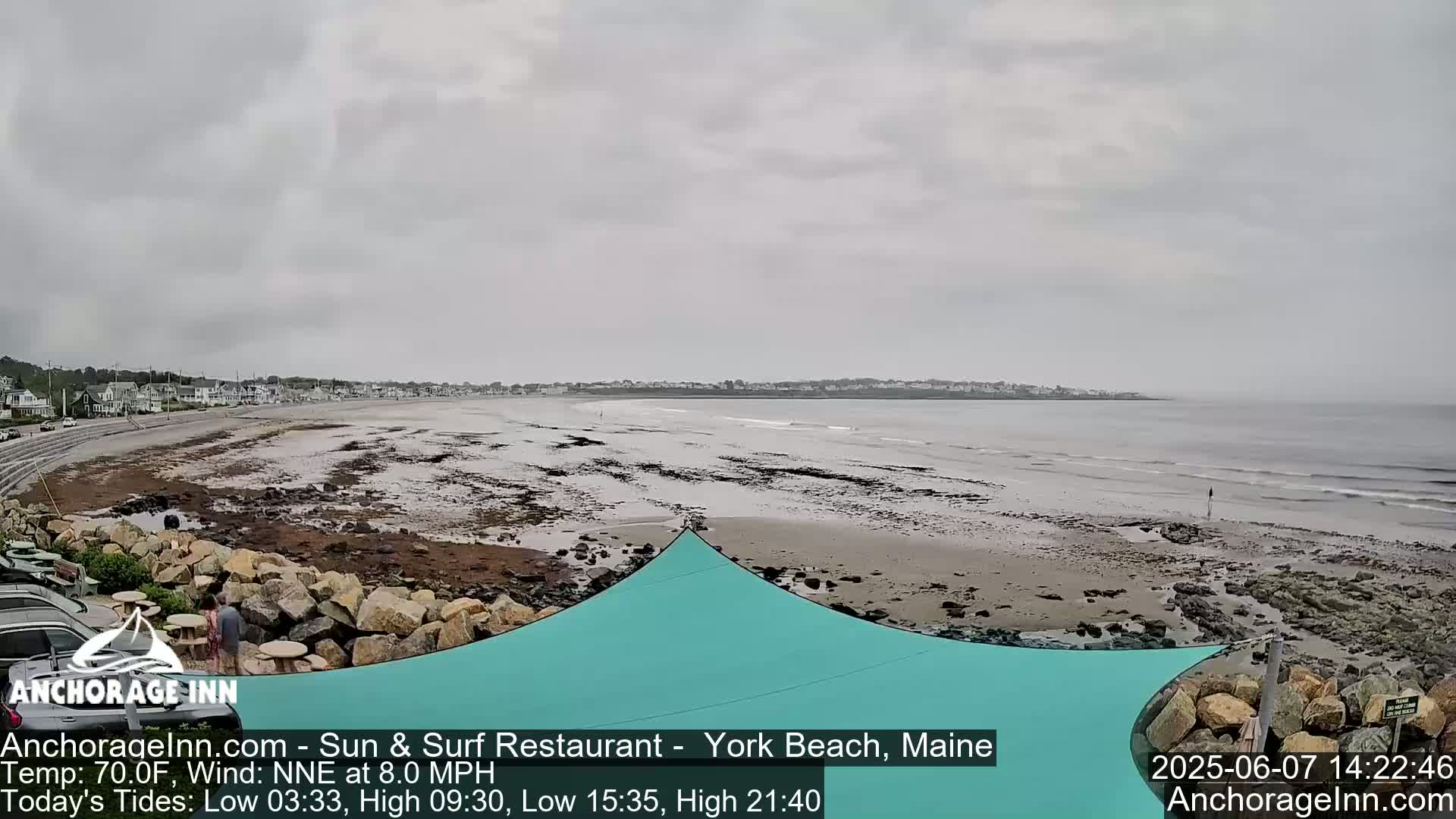 A mostly cloudy day shows a wide sandy beach with rocky areas, a calm ocean, and a teal-colored shade structure near a stone wall.