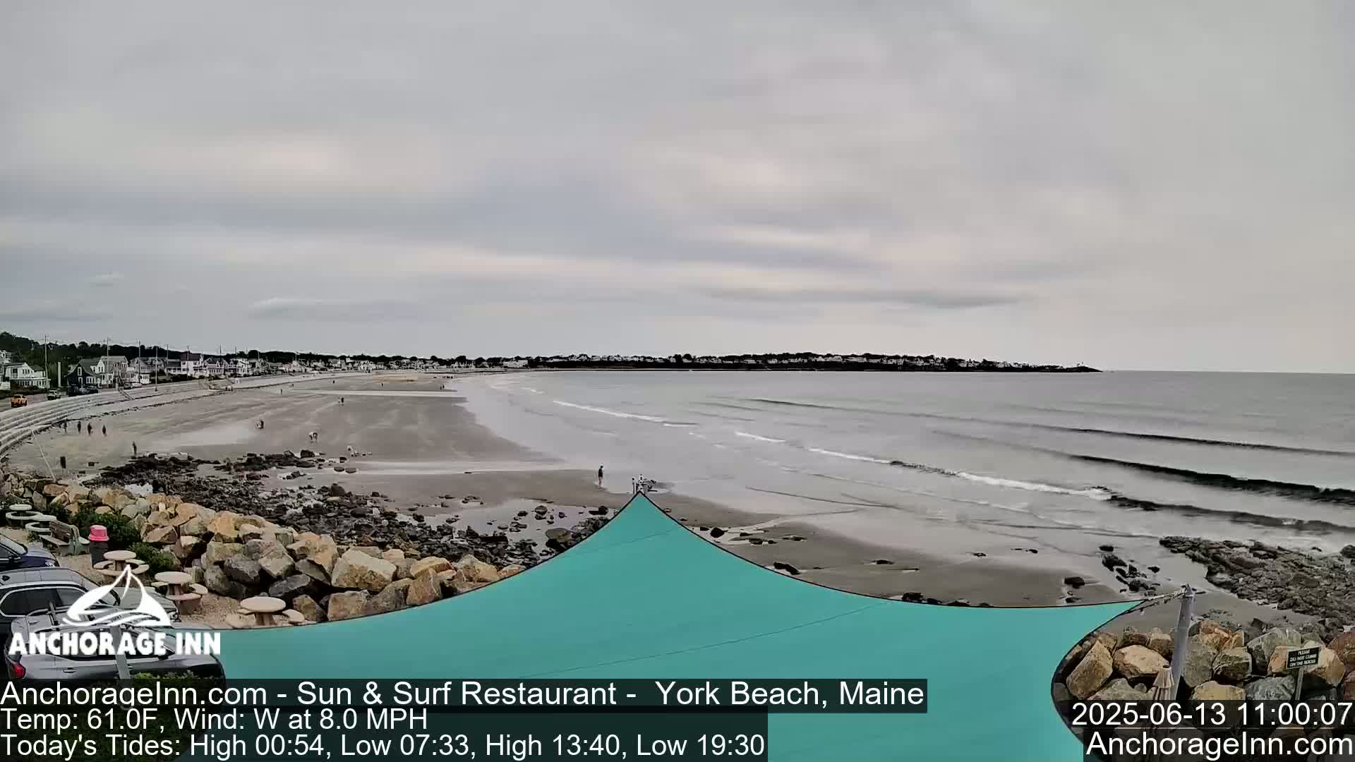 A mostly cloudy day at a beach shows a wide sandy shore, gentle waves, a rocky area near the shore, and a teal-colored shade structure.