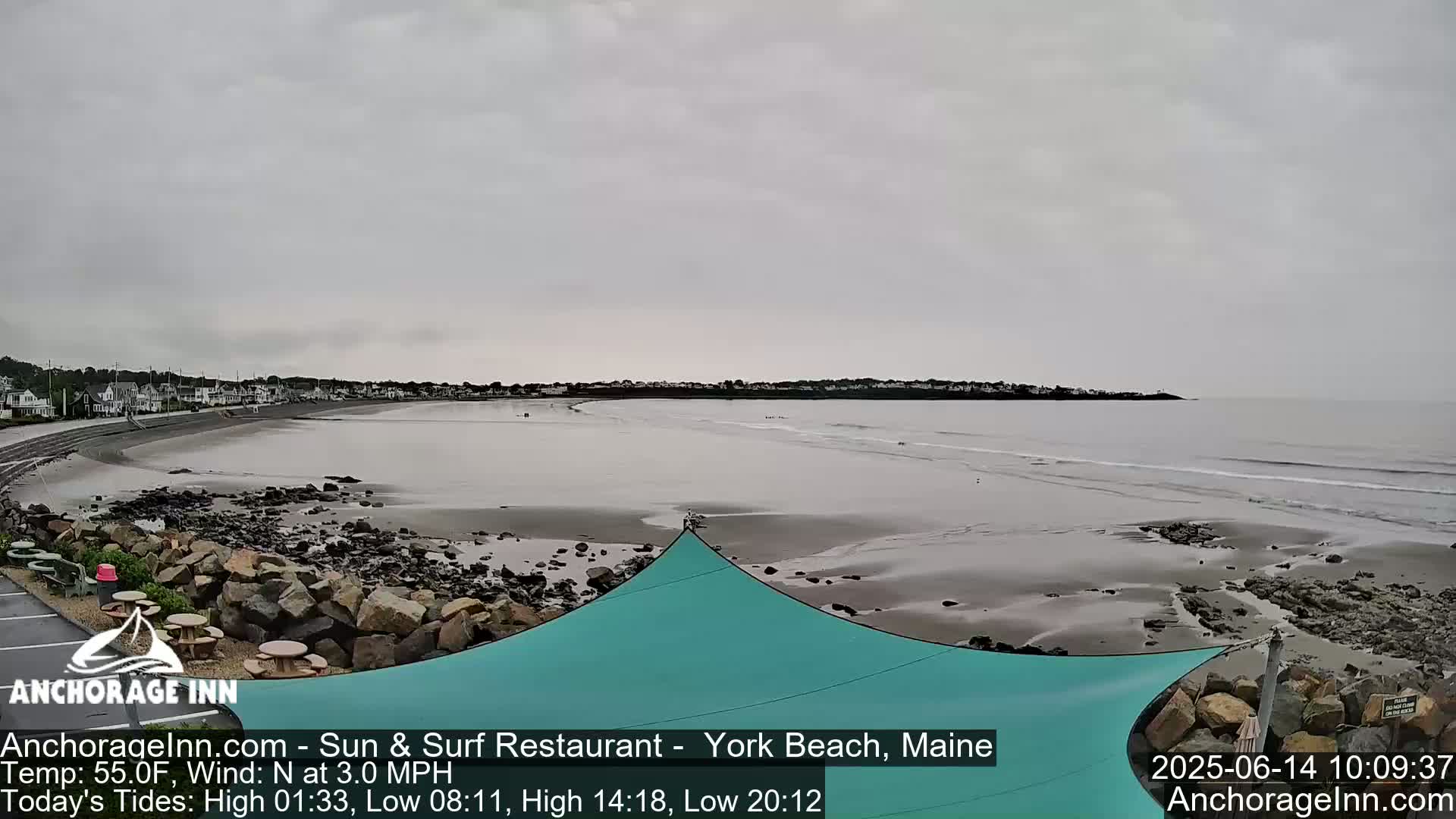 A mostly cloudy day reveals a wide sandy beach with small waves lapping the shore, backed by a line of houses and a teal shade structure.