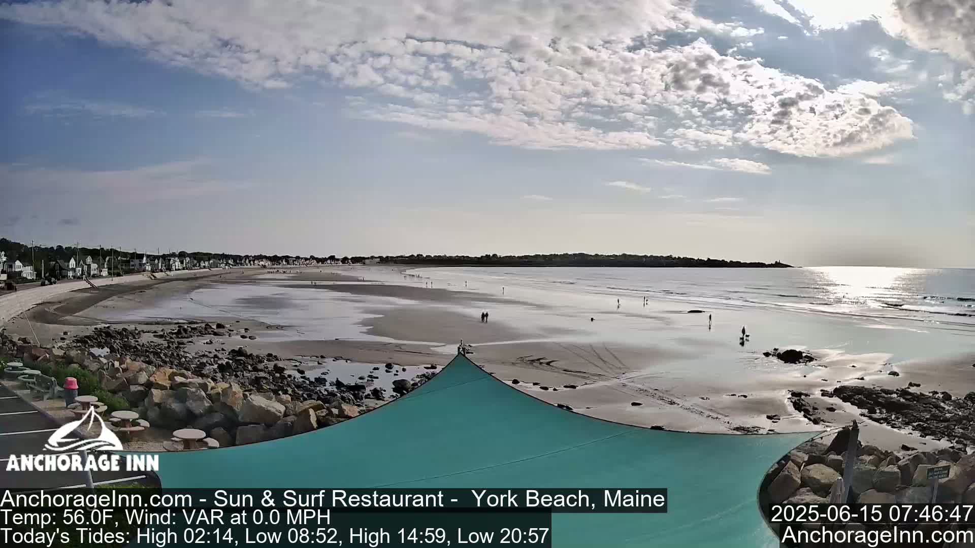 A mostly sunny beach scene shows a wide expanse of sand and ocean with a few people scattered along the shore, viewed from behind a teal shade structure.