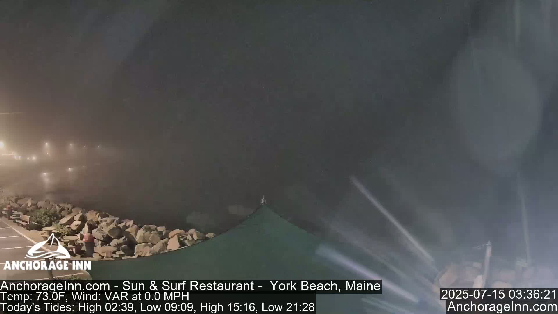 A foggy night scene shows a dark body of water lapping against a rocky shoreline, with dim lights visible in the distance.