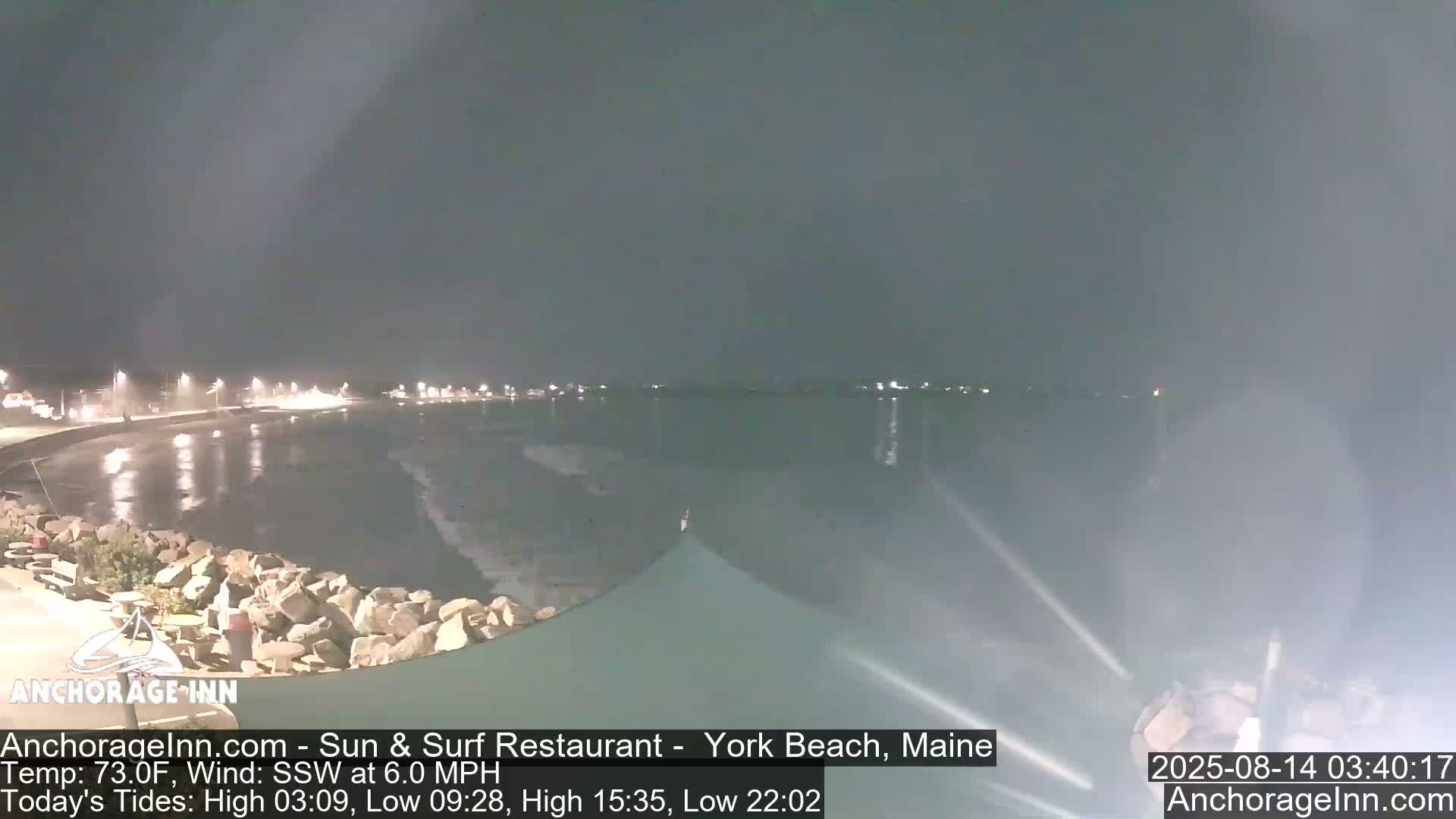 A nighttime view of a calm ocean with a rocky shoreline under a dark sky.