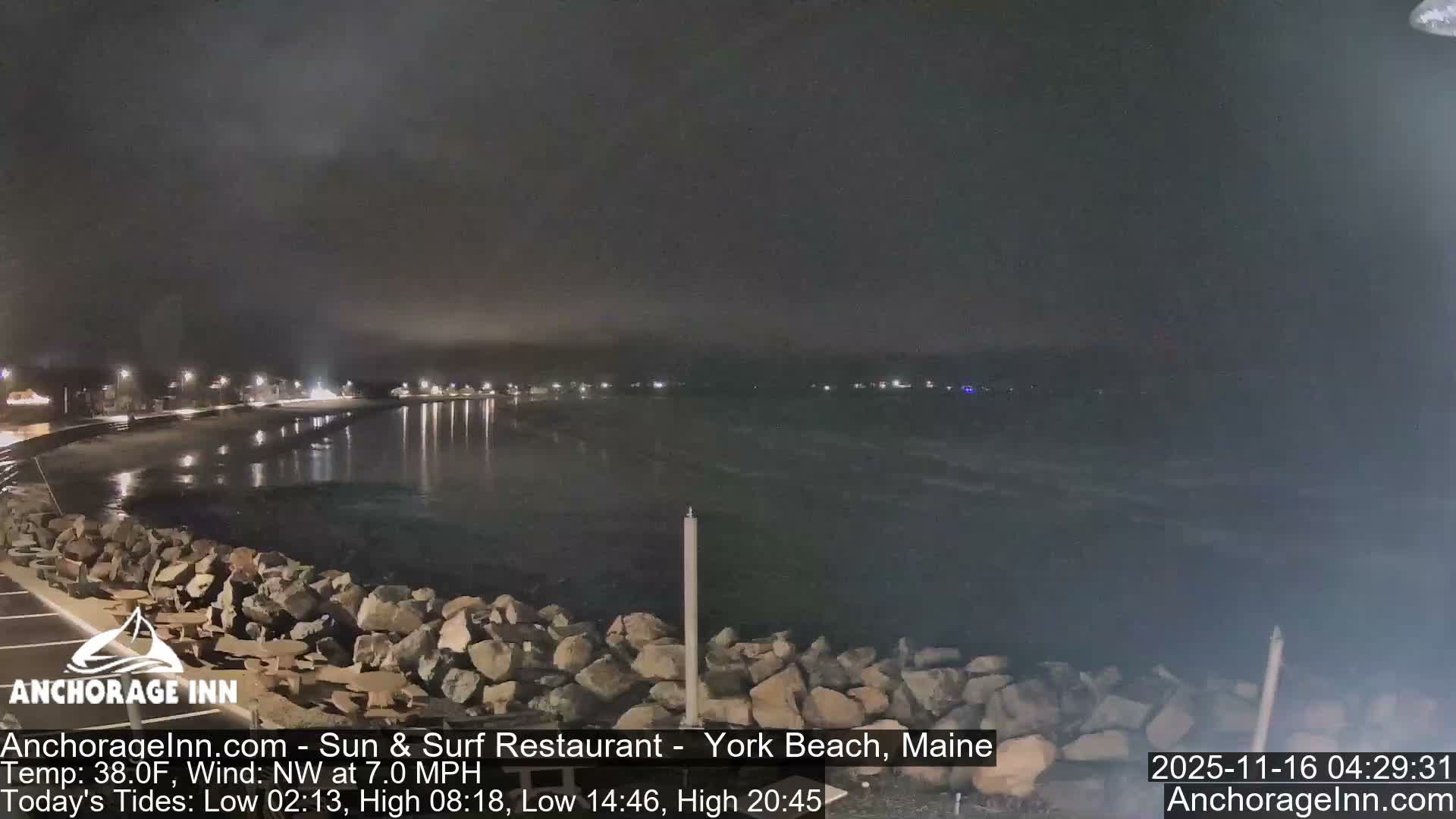 Under a dark, overcast sky, a rocky shoreline borders calm water reflecting numerous coastal lights on a 38.0F night with a 7.0 MPH northwest wind.