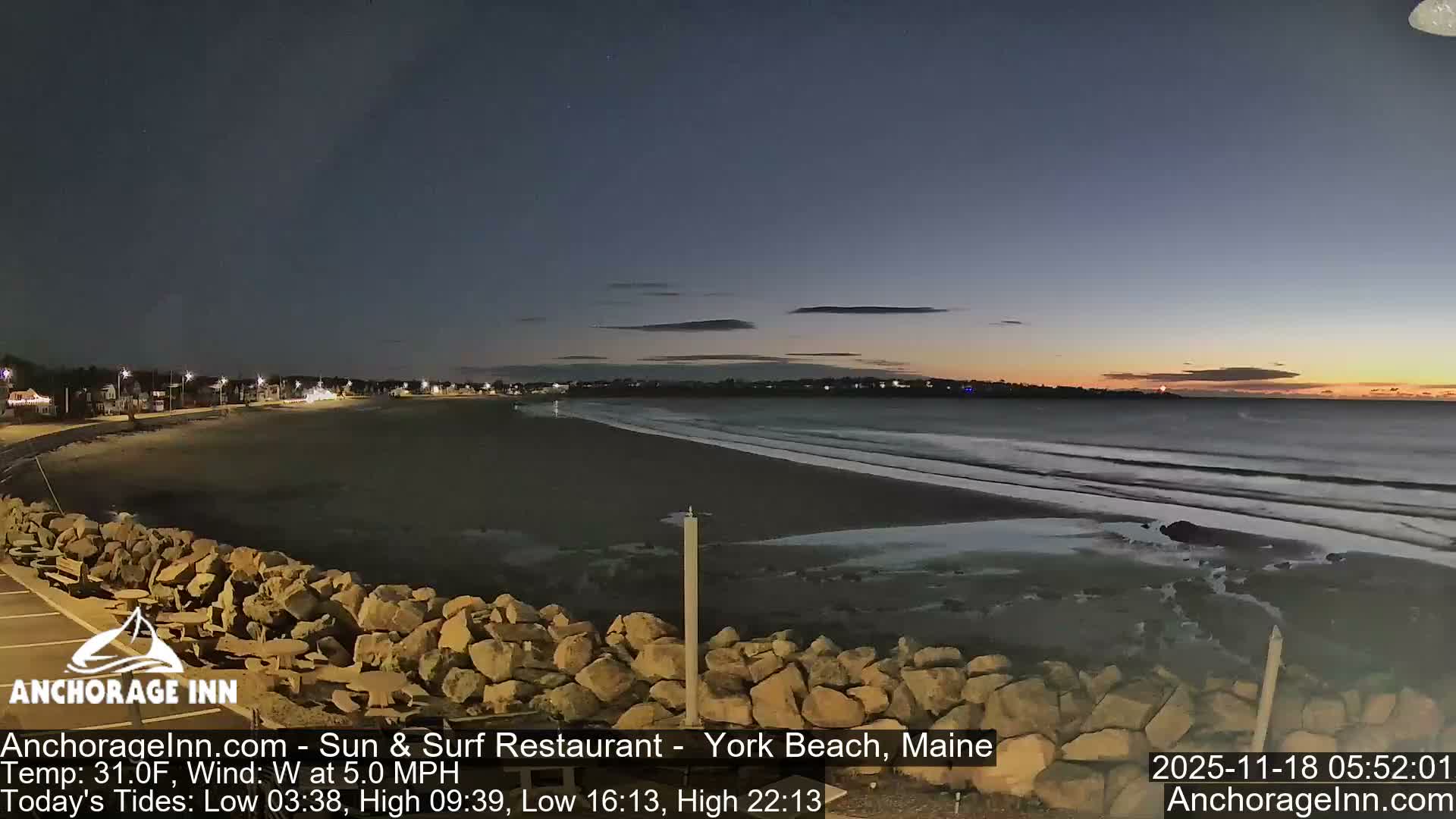 Under a dark, overcast sky, a rocky shoreline borders calm water reflecting numerous coastal lights on a 38.0F night with a 7.0 MPH northwest wind.