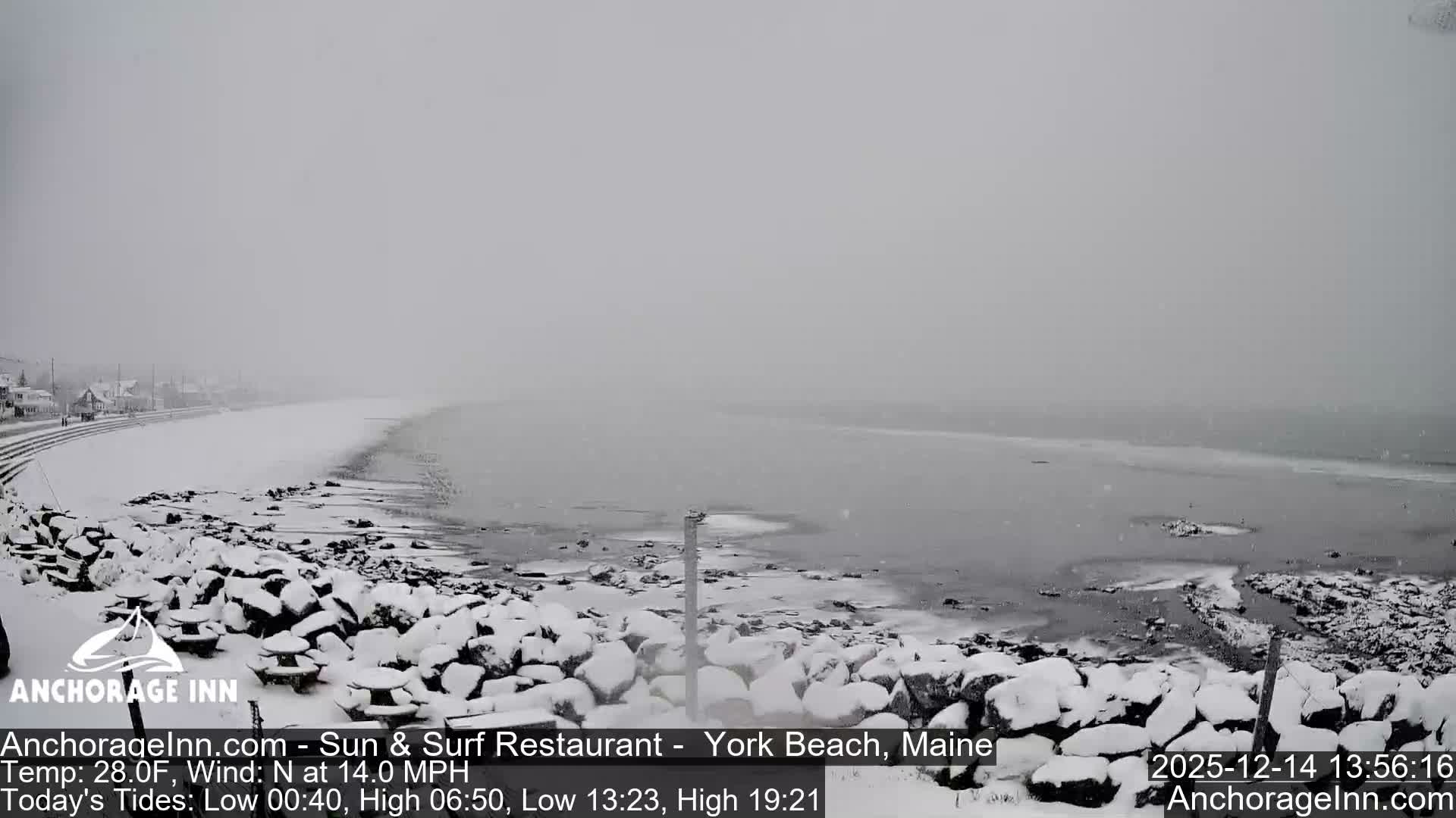 Under a dark, cloudy sky, a snow-covered rocky shoreline borders calm water reflecting distant coastal lights, with a solitary red beacon visible in the distance, indicating cold, wintry conditions.