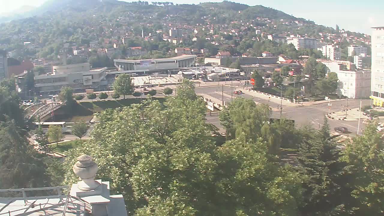 A high-angle view shows a city square with buildings, trees, a bridge, and a road intersection on a sunny day.