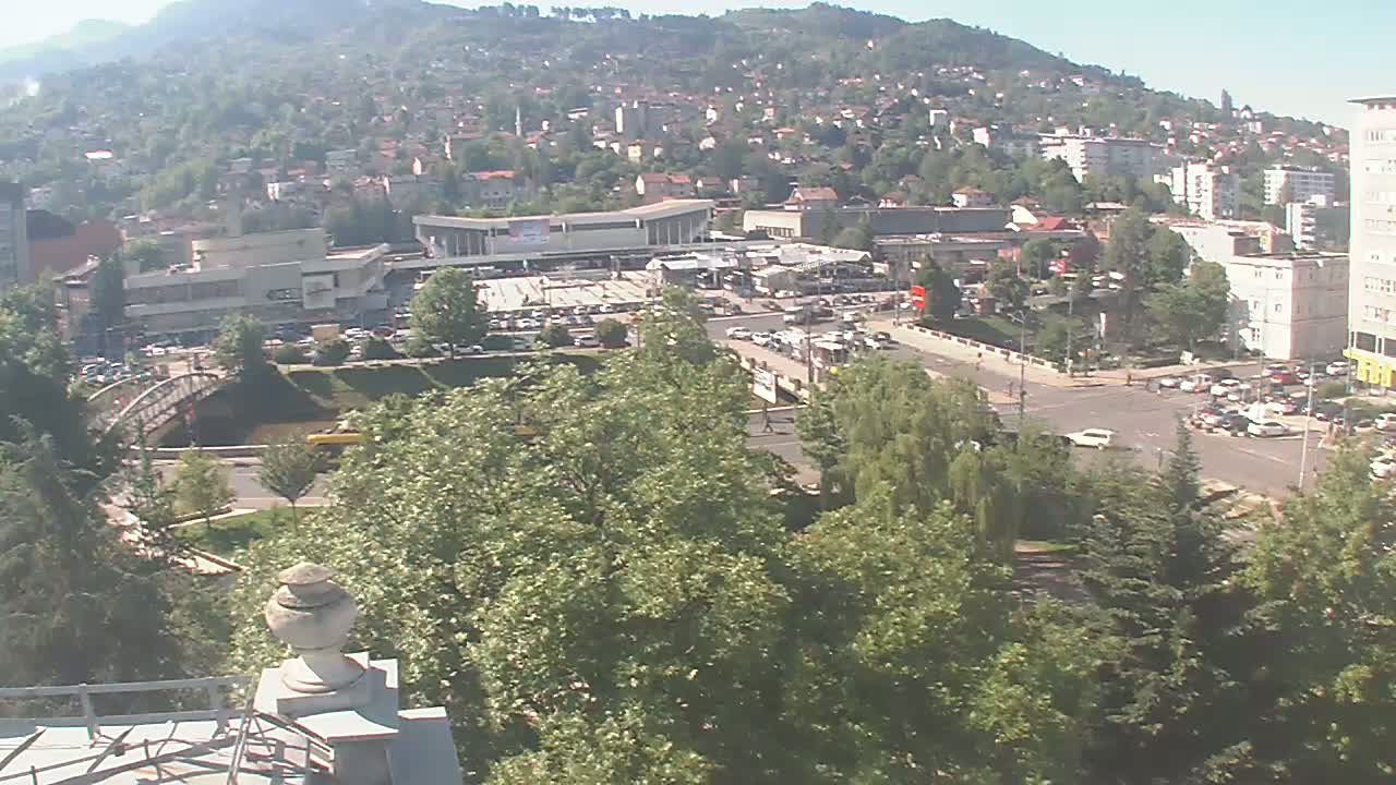 A sprawling city scene nestled against a hillside on a sunny day, with numerous buildings, vehicles, and green spaces visible from a high vantage point.