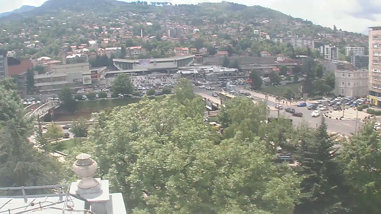 A high-angle, long shot shows a city nestled in a valley on a partly sunny day, with a river, bridge, and many green trees visible.