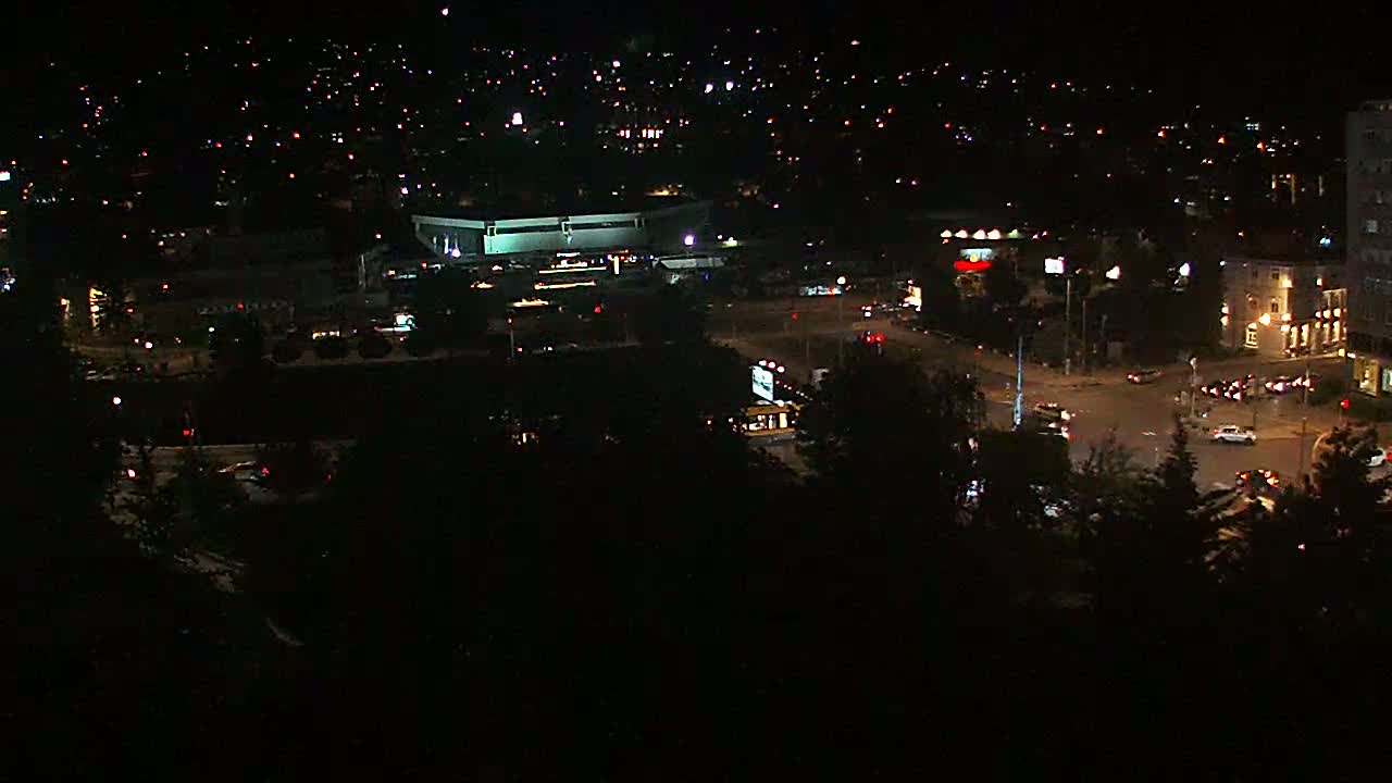A nighttime aerial view of a city showing streets with cars, buildings with lights, and dark trees in the foreground.
