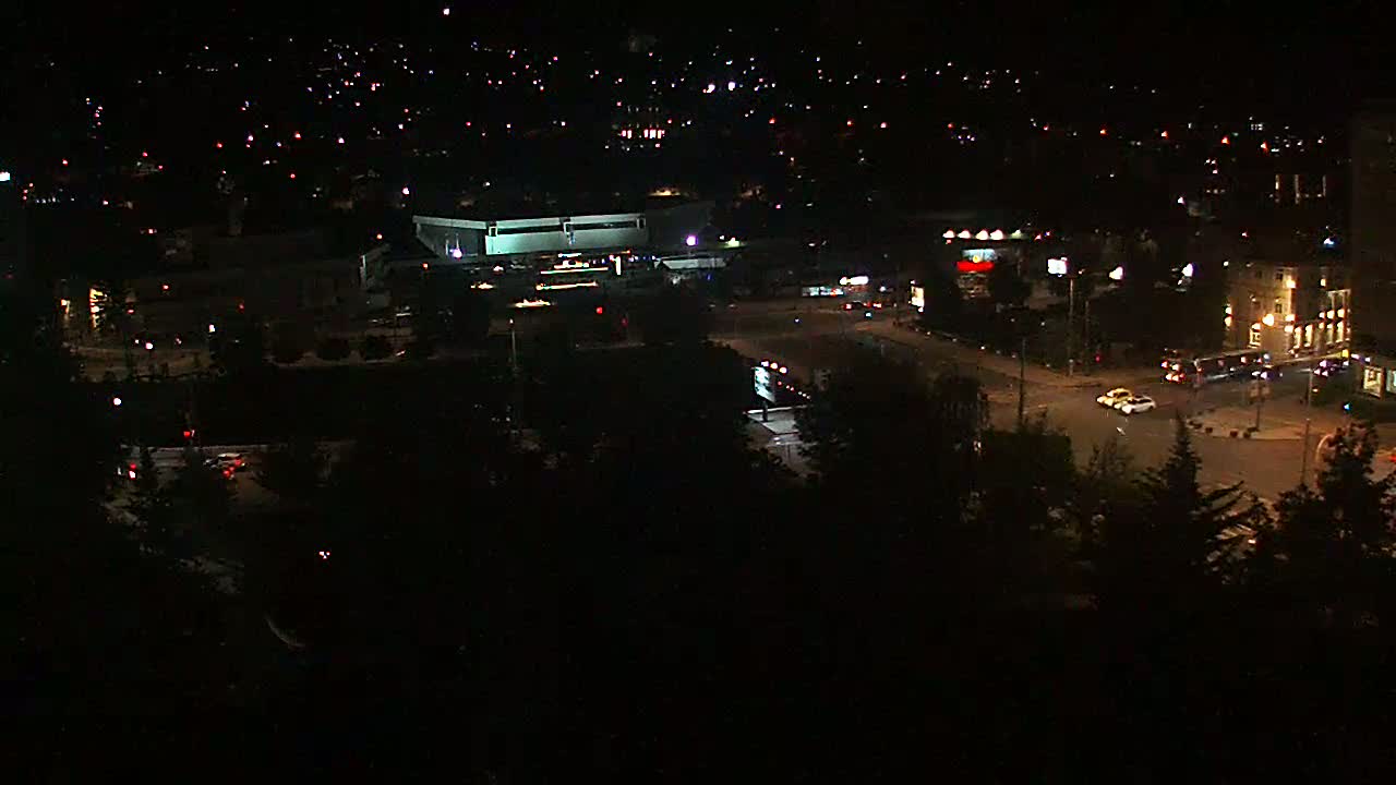 A nighttime, high-angle view of a city intersection with sparse traffic, surrounded by dark trees and buildings with scattered lights.
