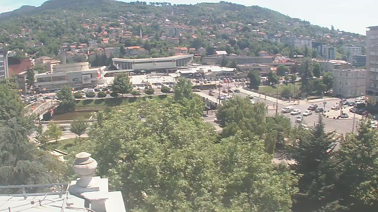 An elevated view of a city on a sunny day shows a large building complex, a river, green spaces, roads with cars, and a hill covered in trees and buildings in the background.