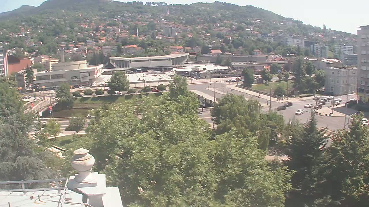 A high-angle view of a city on a sunny day, showing buildings, roads, a river, and lush green trees.