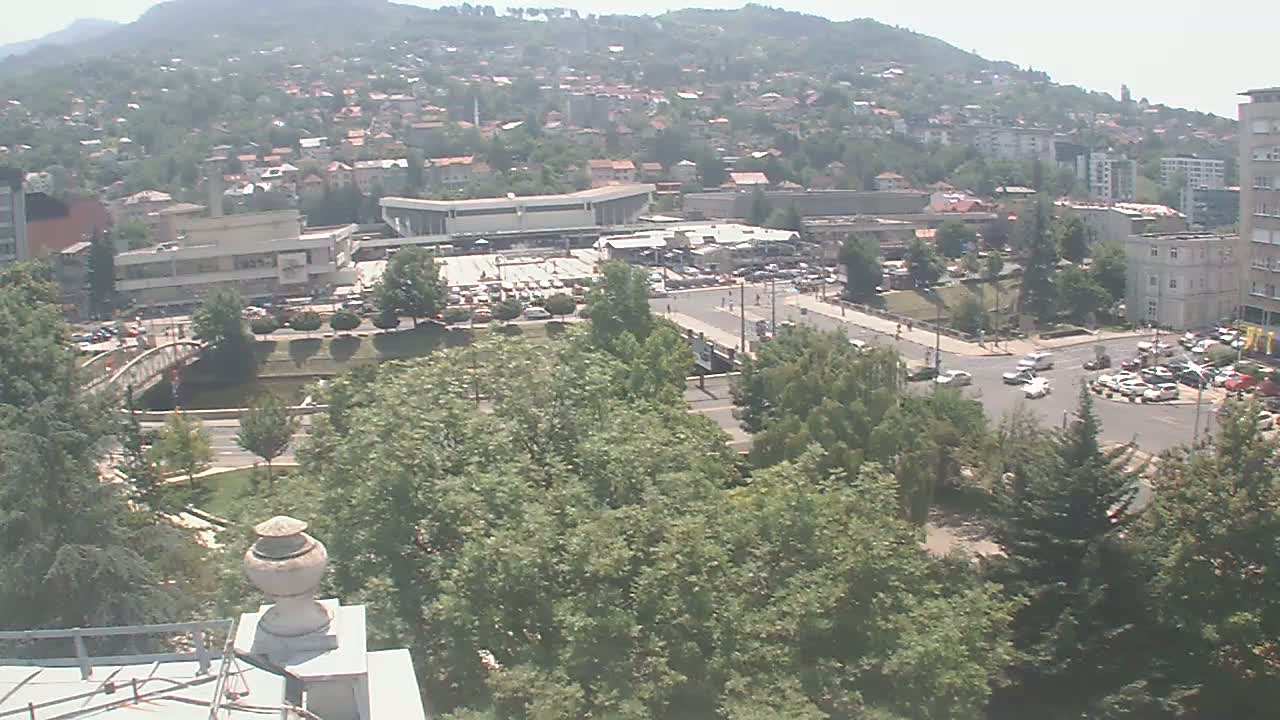 An elevated view shows a city with buildings, roads, a river, and a bridge under a bright, sunny sky.