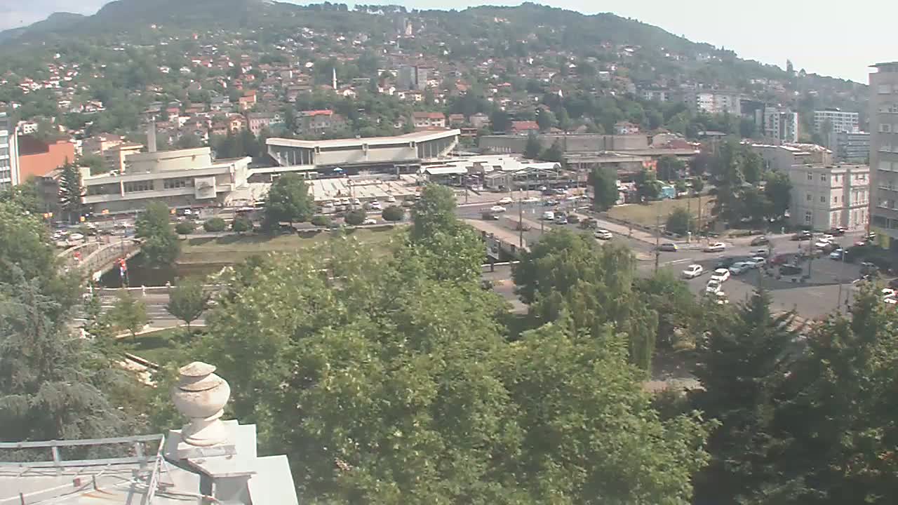 A high-angle, long shot on a sunny day shows a city nestled in a valley, with green trees, buildings, roads, and cars visible.
