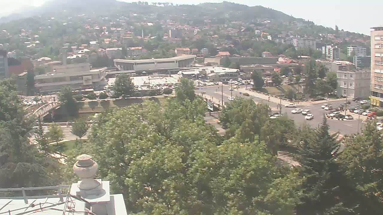 A high-angle view on a sunny day shows a city nestled in a hilly area with a river, bridge, buildings, roads, and numerous green trees.