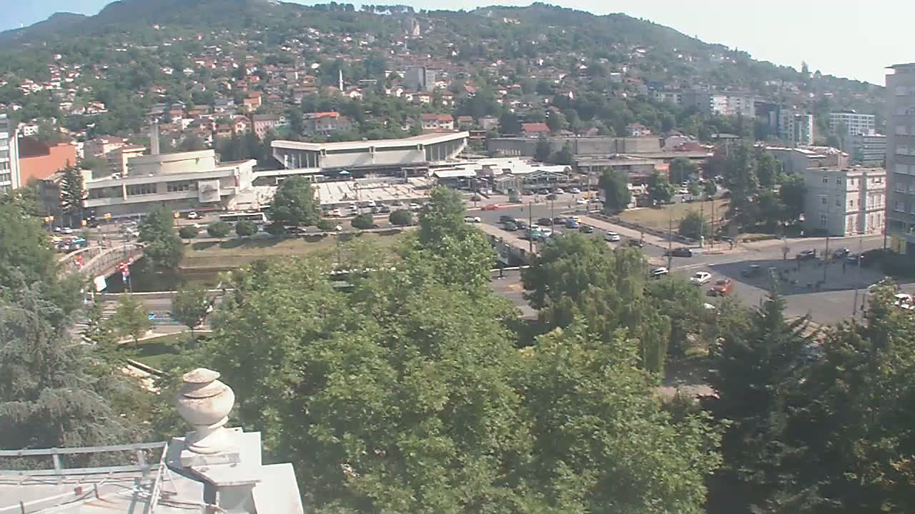 A high-angle, long shot on a sunny day shows a city nestled in a valley, with a river, bridge, buildings, trees, and roads visible.